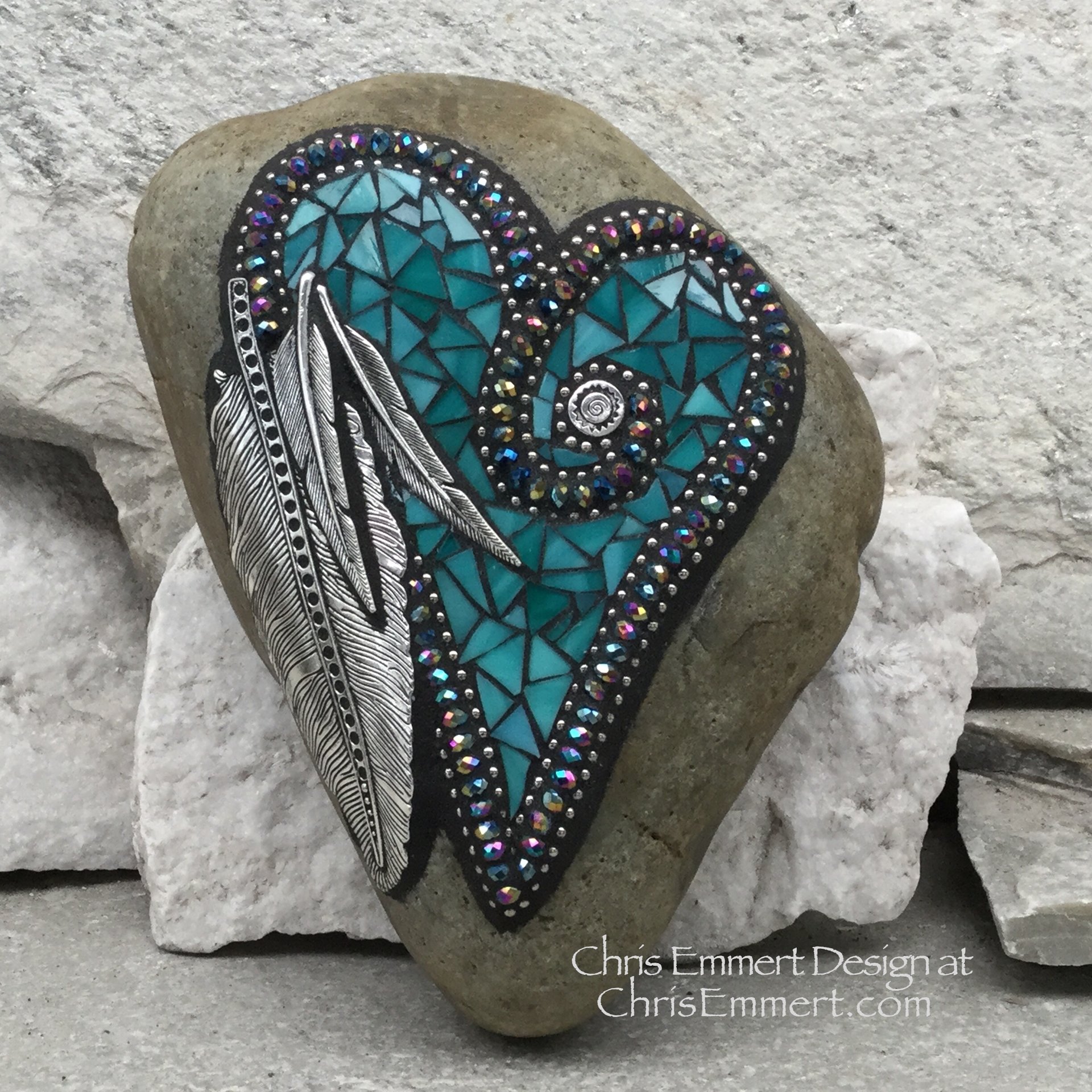 Turquoise Mosaic Heart, Feathers, Mosaic Rock, Mosaic Garden Stone,