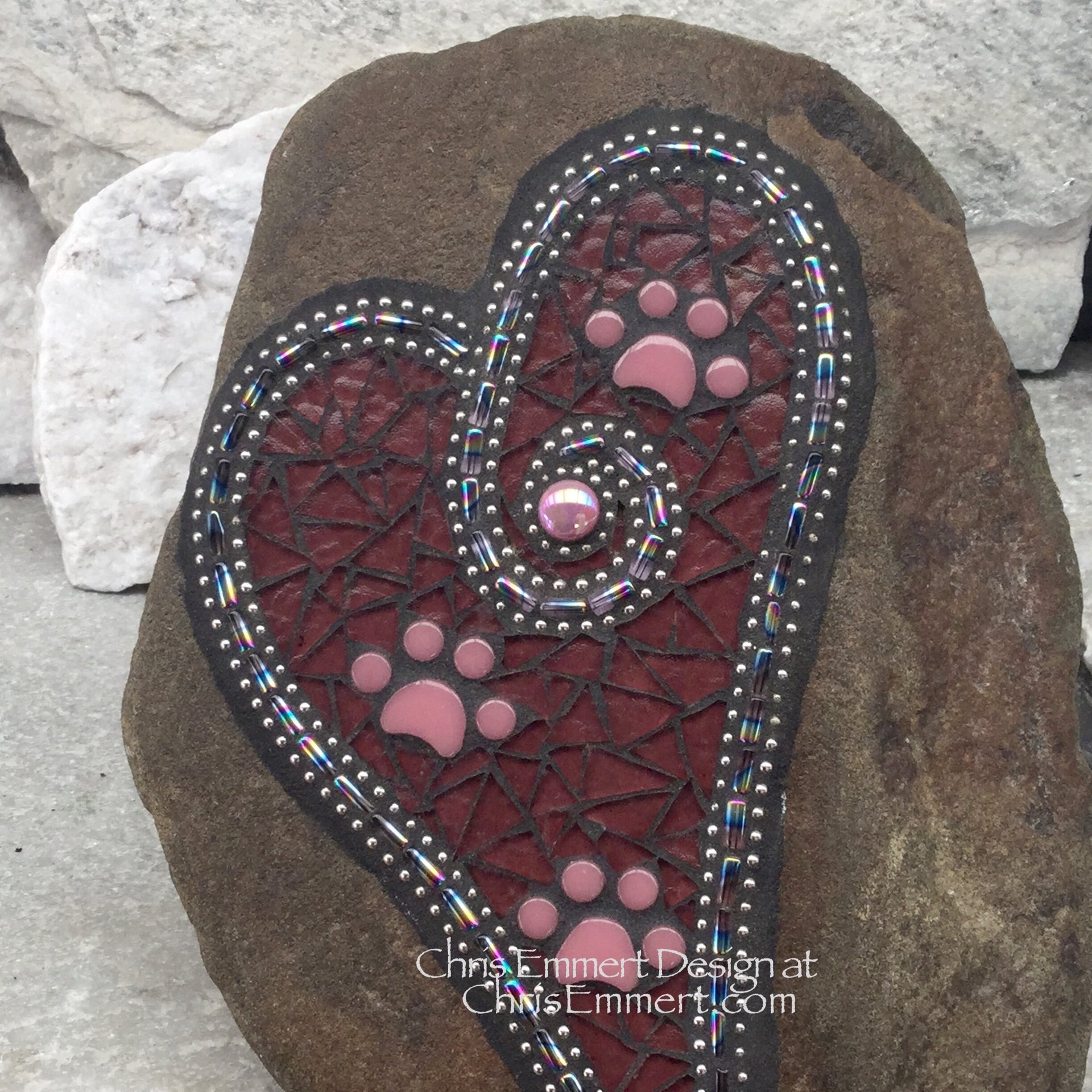 Large Iridescent Purple Mosaic Heart, Paw prints, Mosaic Garden Stone, Pet Memorial