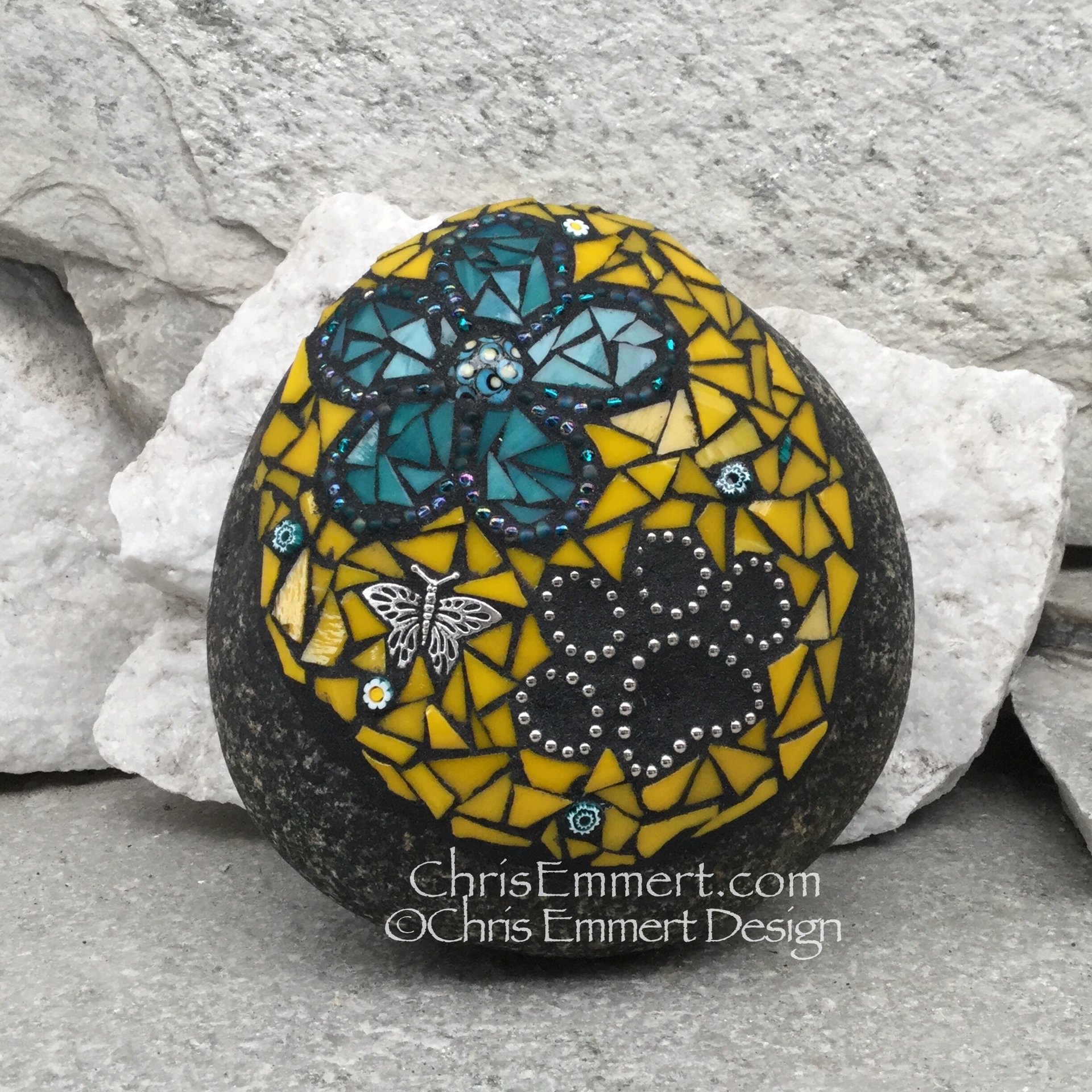 Teal Flower w/Yellow, Black Paw Print - Garden Stone, Pet Memorial, Garden Decor'