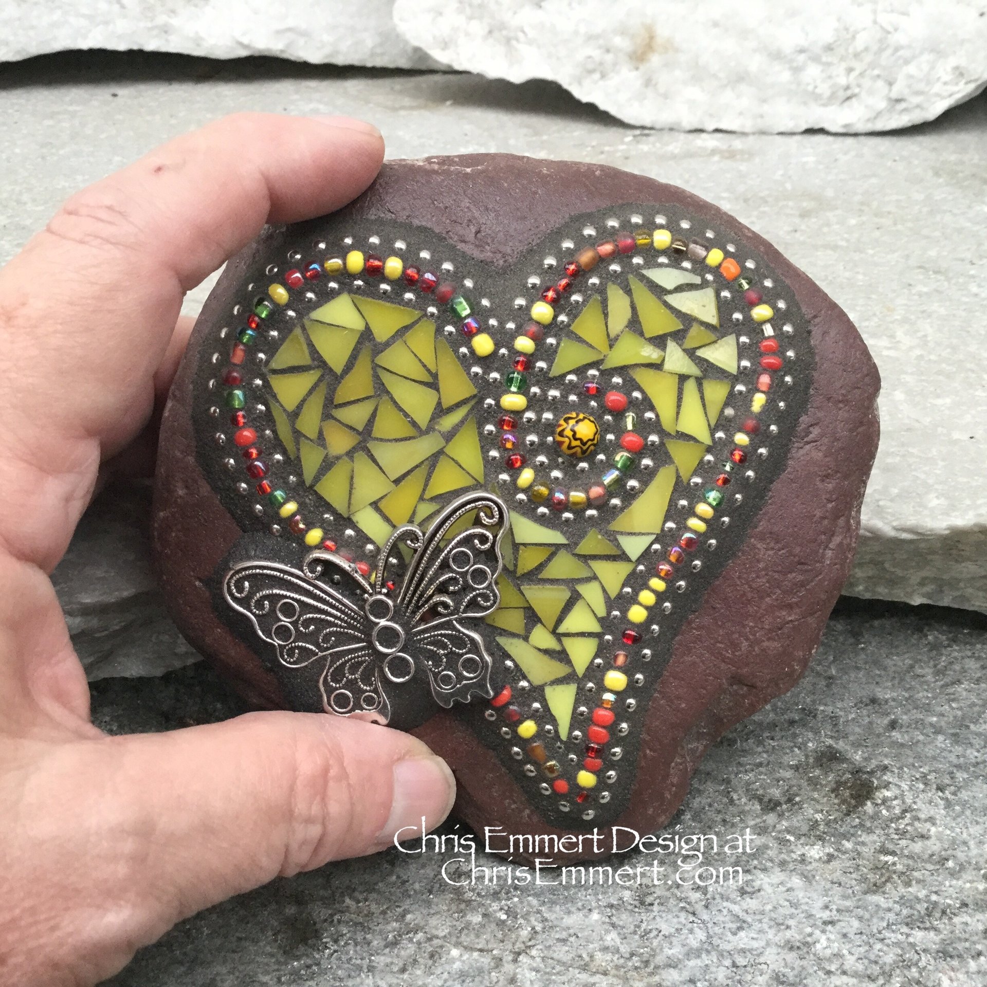 Yellow Mosaic Heart, Mosaic Rock, Mosaic Garden Stone, Home Decor, Gardening Gift,