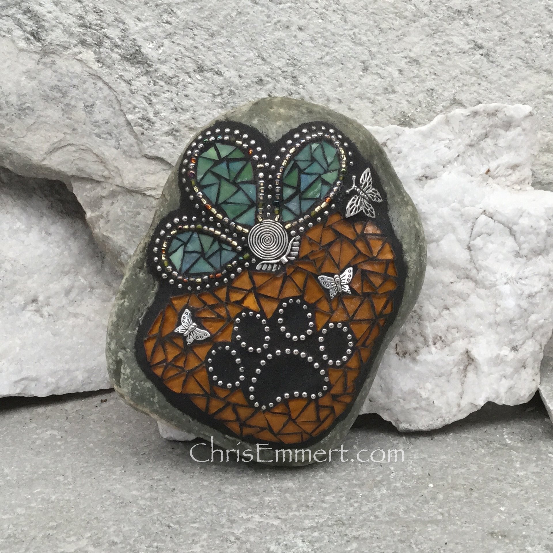 Amber with Teal Green Flower , Black Paw Print - Garden Stone, Pet Memorial, Garden Decor'