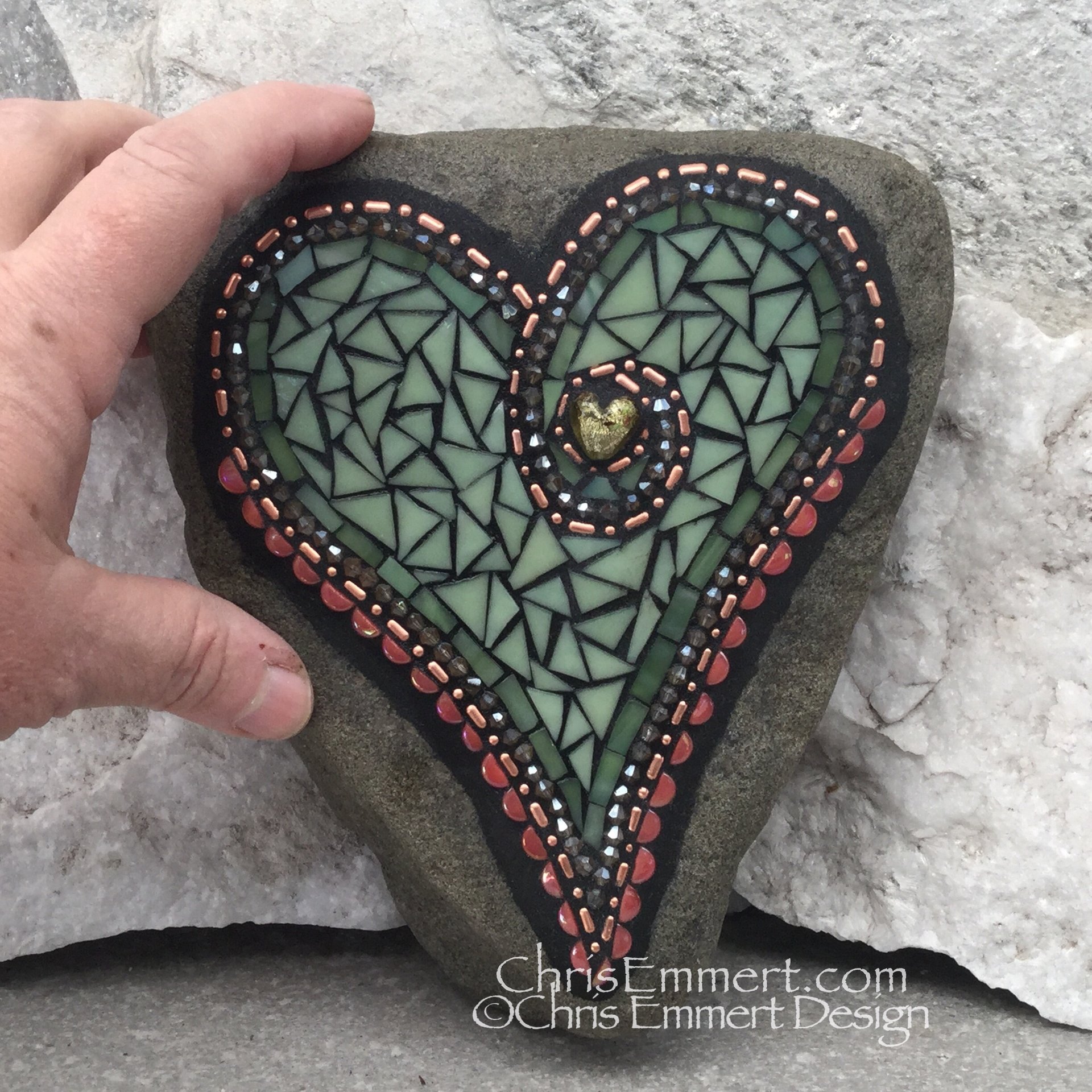 Olive Green Mosaic Heart with Pink and Copper, Mosaic Garden Stone. Gardener Gift