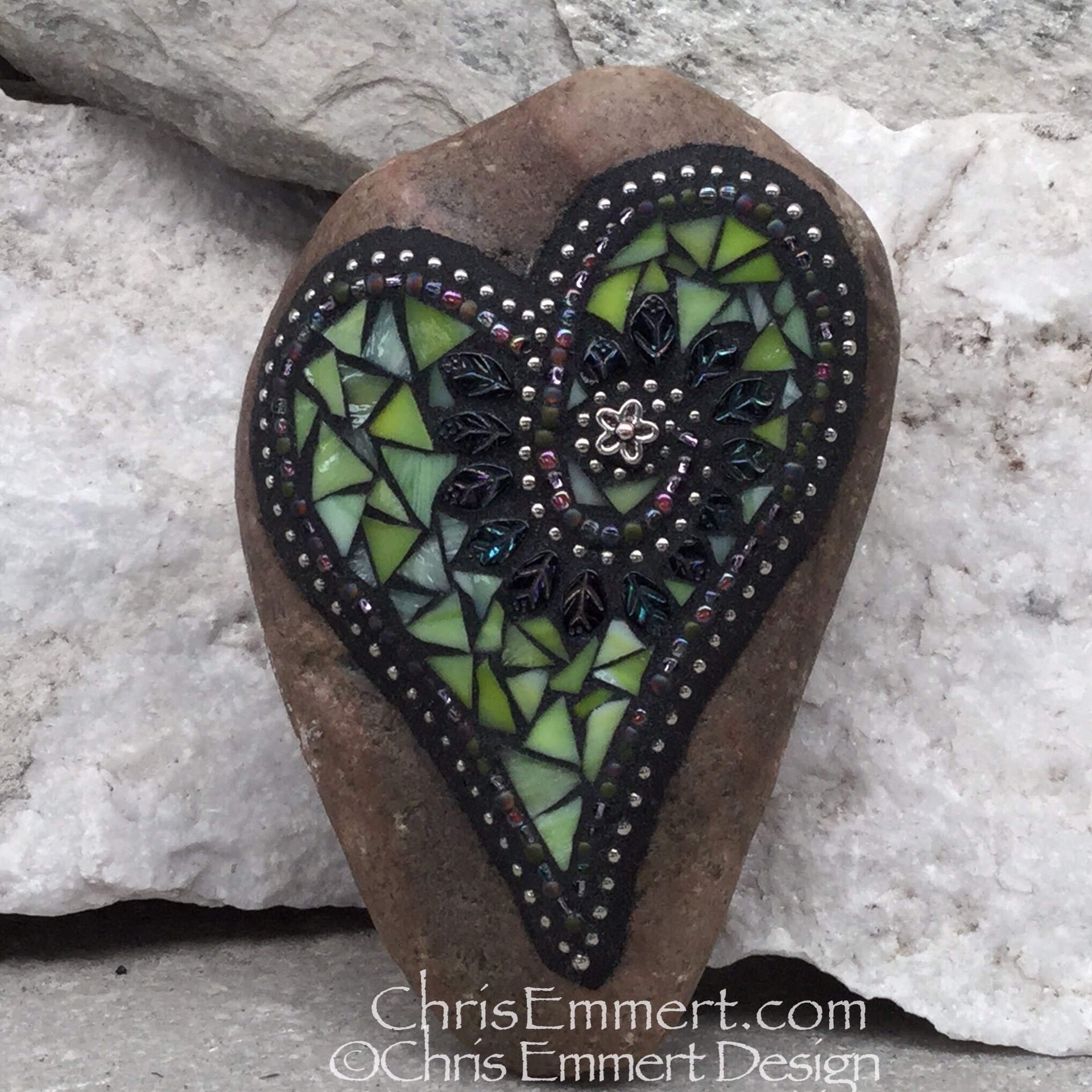 Lime Green Leaf Heart, Garden Stone, Mosaic, Garden Decor