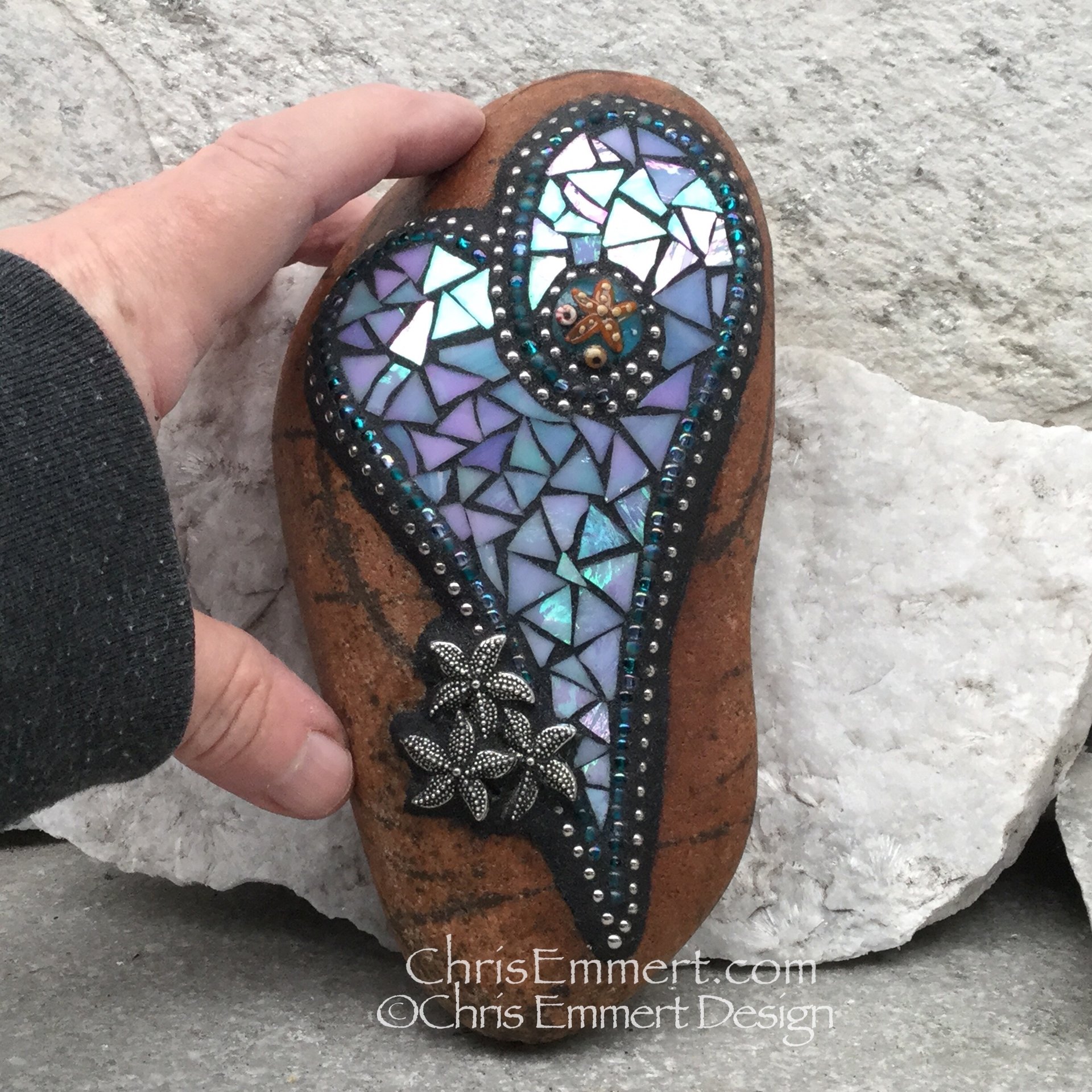 Iridescent Blue Heart, Starfish, Garden Stone, Mosaic, Garden Decor