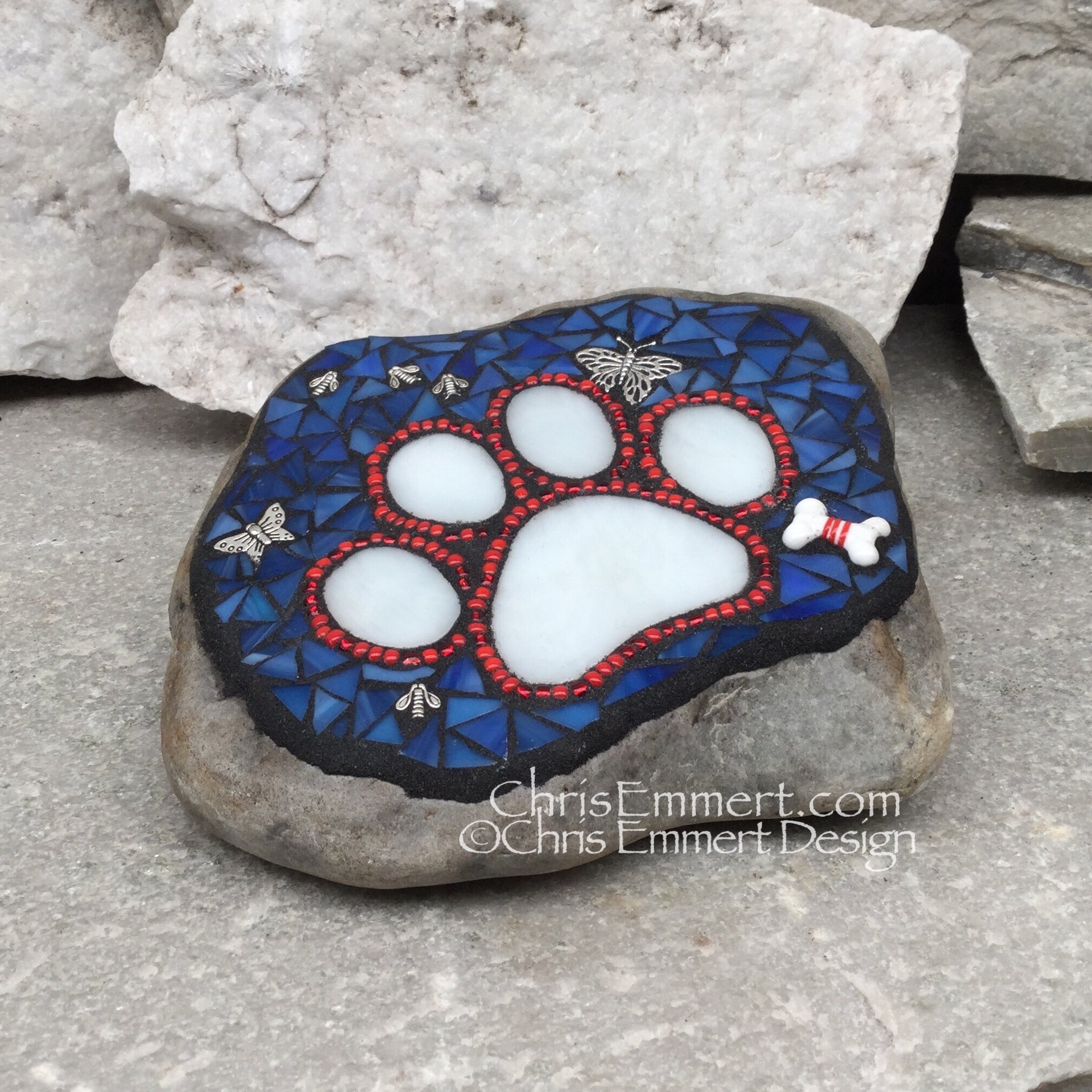Patriotic Red, White and Blue, Black Paw Print - Garden Stone, Pet Memorial, Garden Decor'