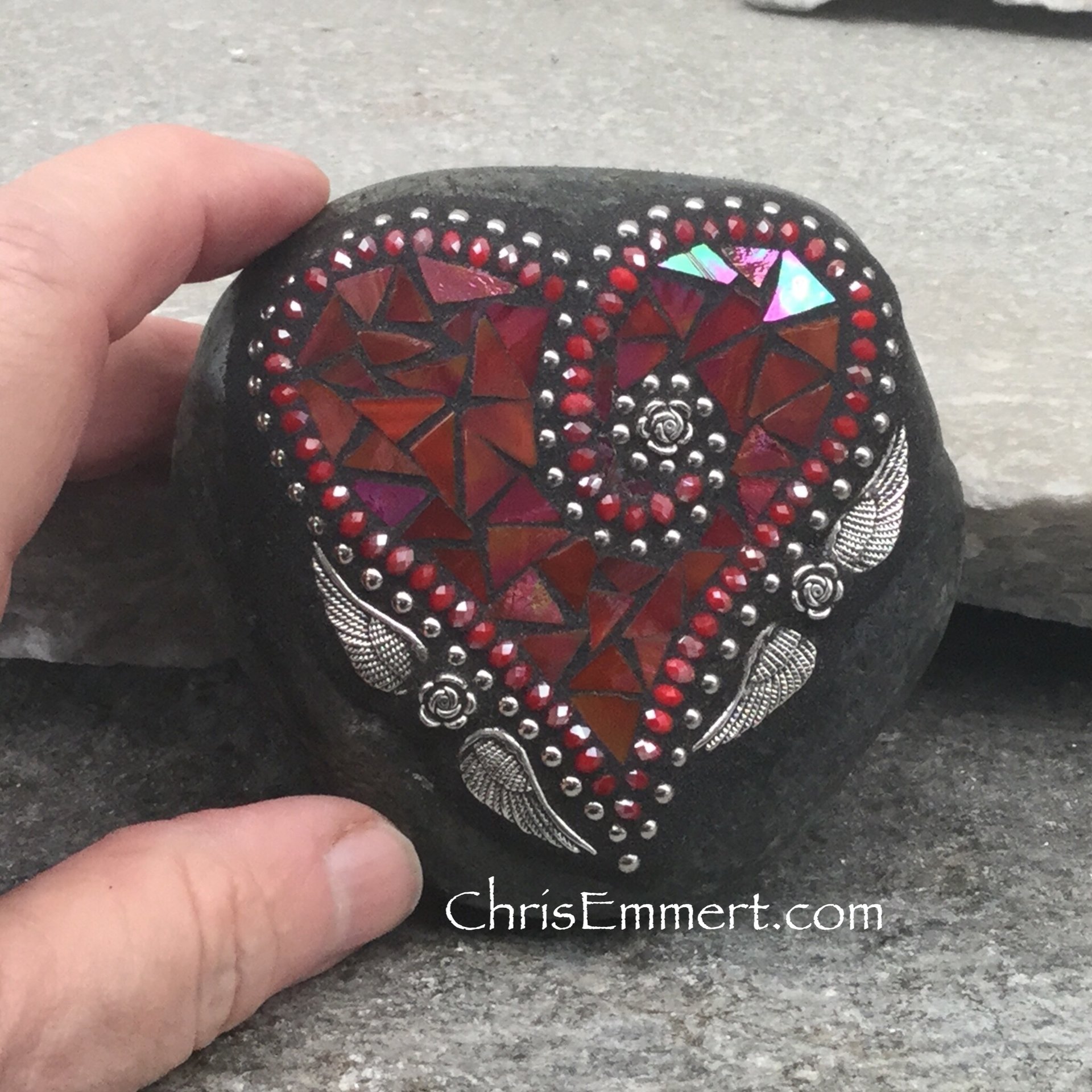 Red Valentine Heart, Angel Wings, Mosaic Paperweight / Garden Stone