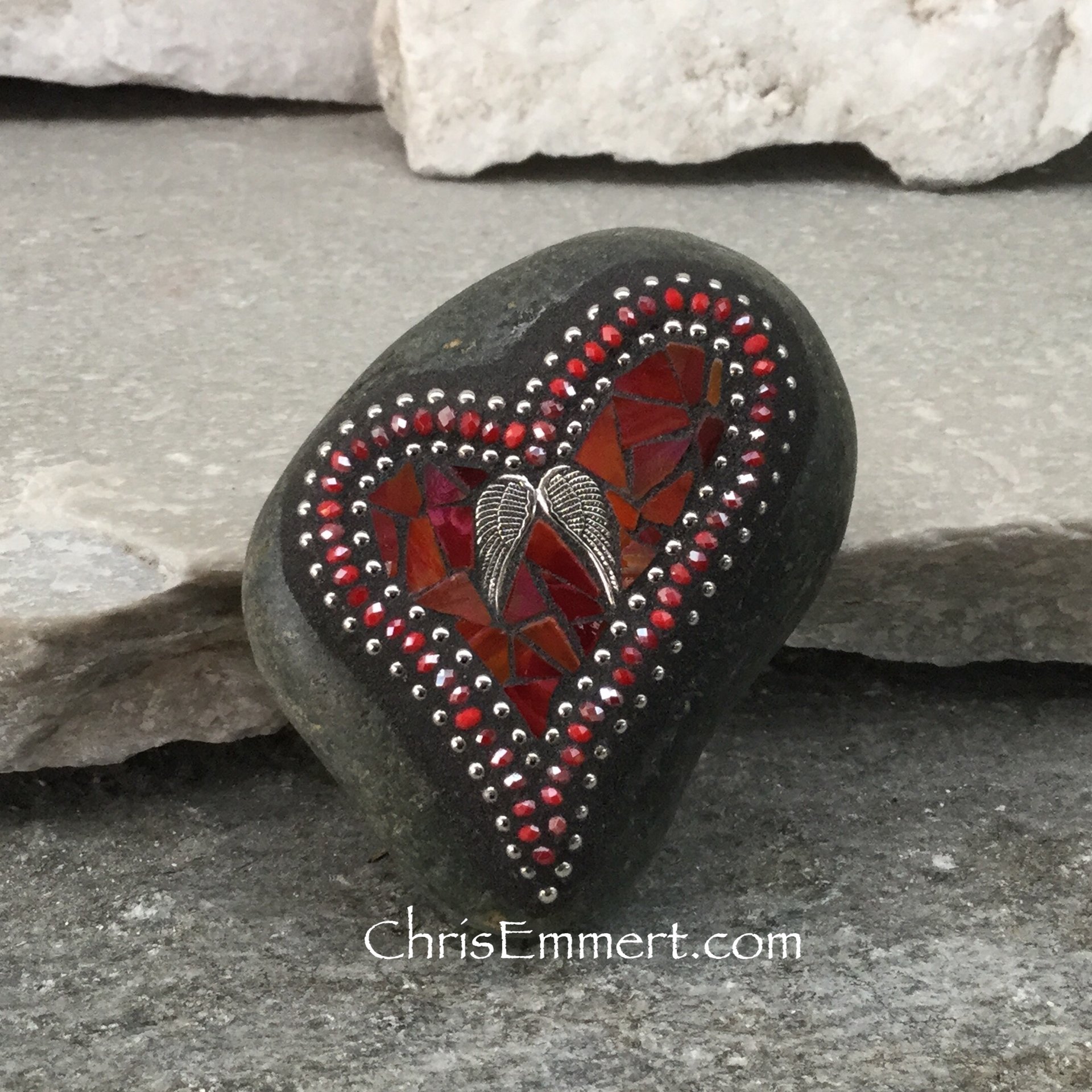 Red Valentine Heart, Angel Wings, Mosaic Paperweight / Garden Stone