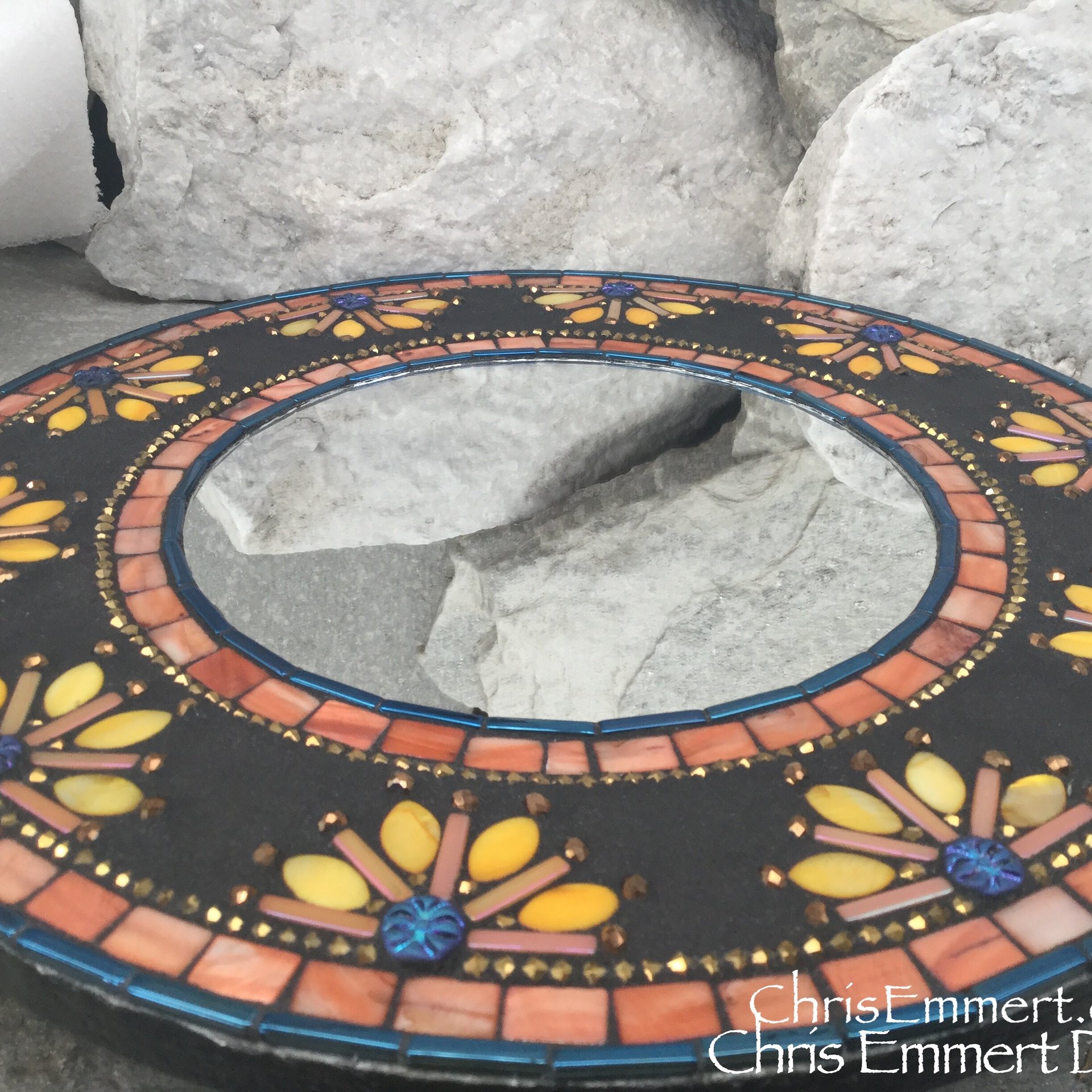 Yellow /Orange and Blue Mosaic Mirror, Round Mosaic Mirror, Home Decor