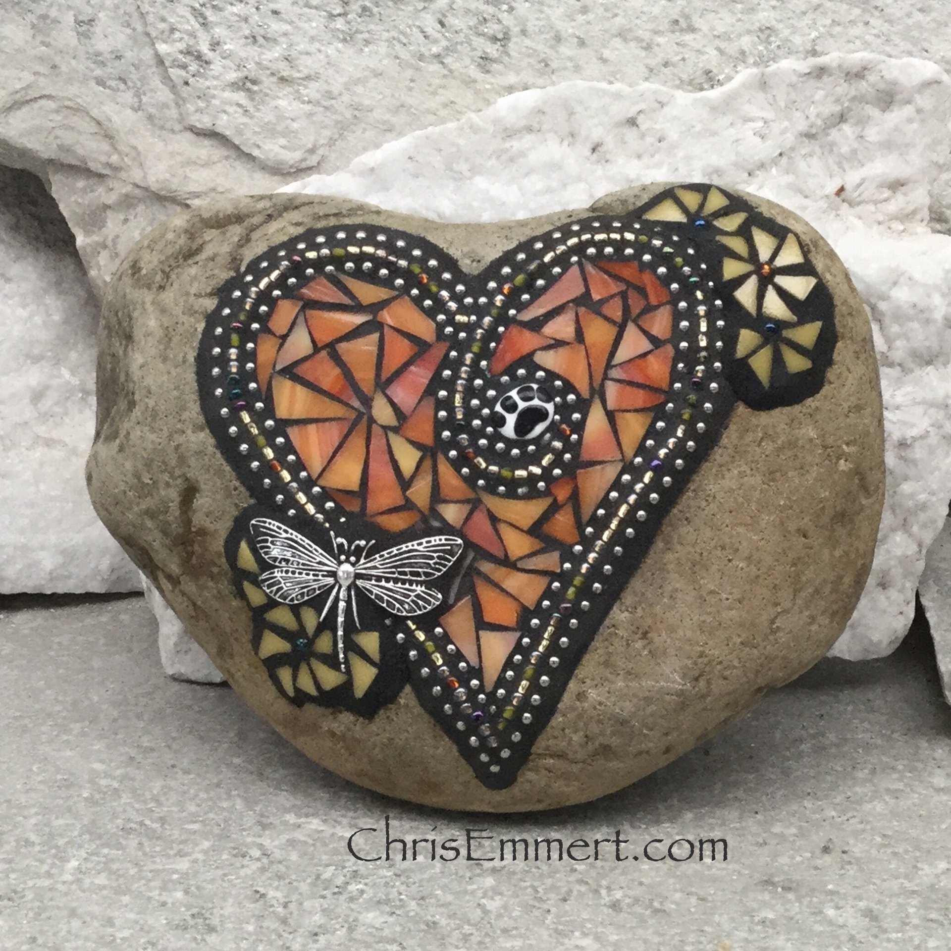 Orange Heart, Dragonfly Garden Stone, Mosaic, Garden Decor, Pet Memorial