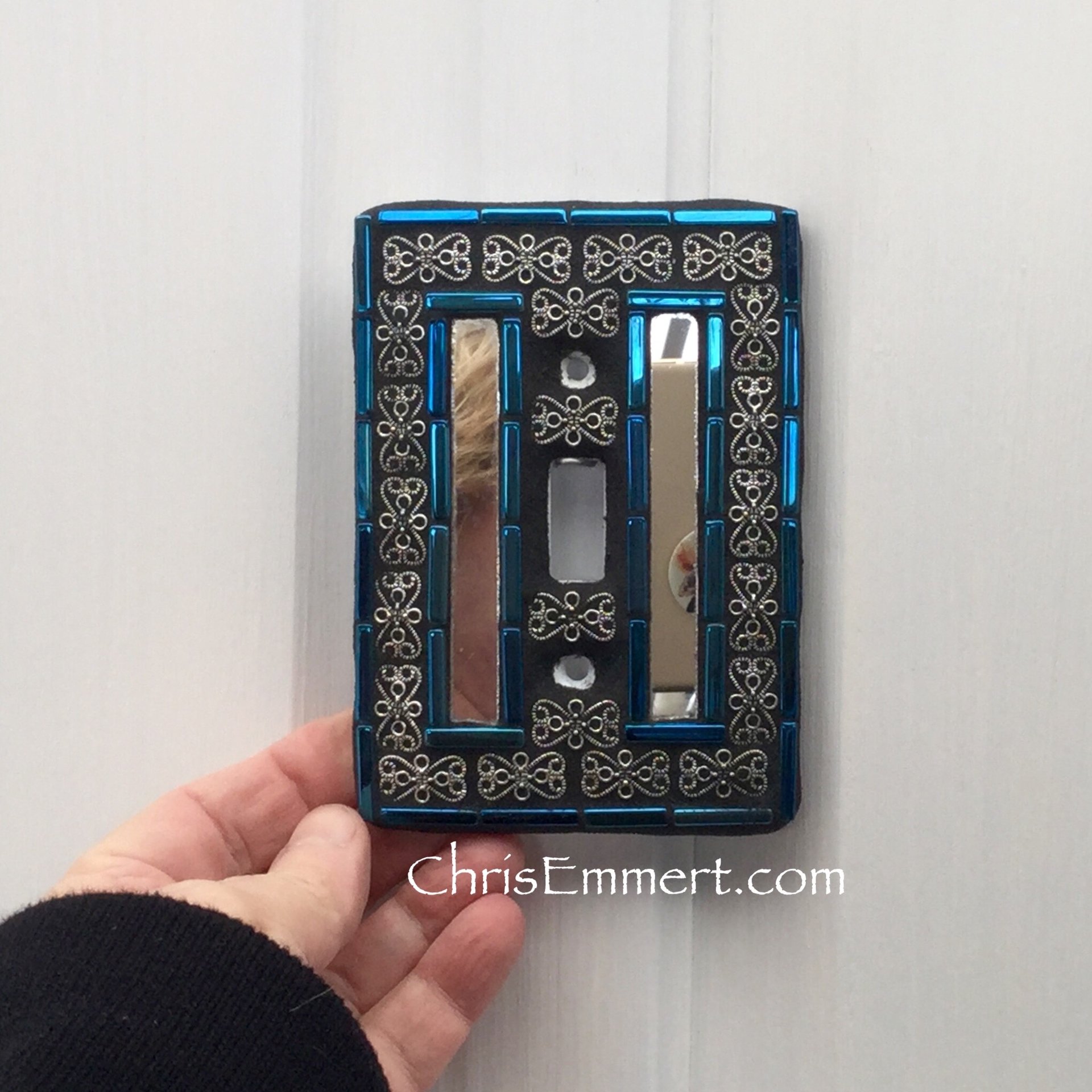 Mirror and Pewter Switch Plate, Iridescent Blue