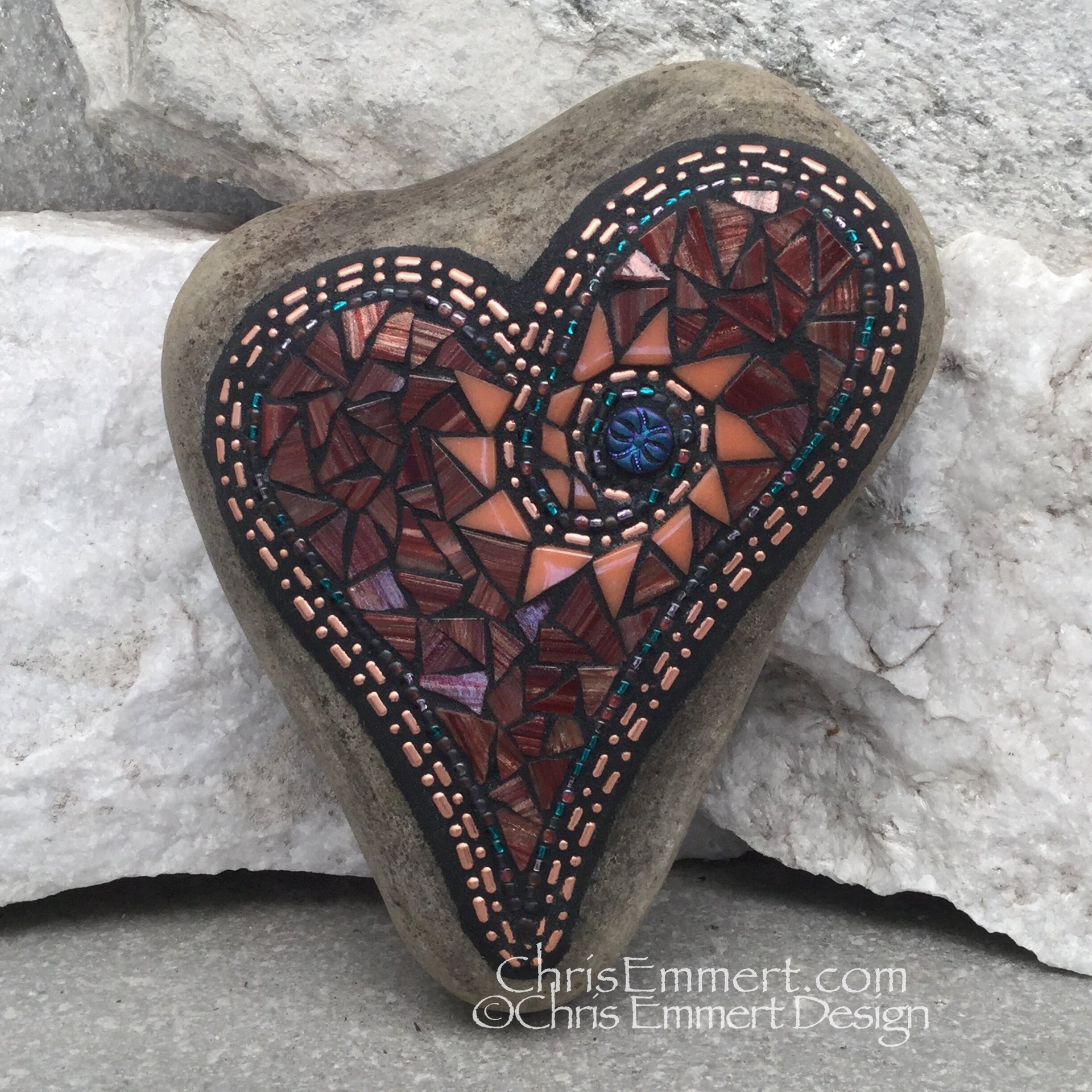 Iridescent Brown Heart w/ Sun Burst  Mosaic -Garden Stone