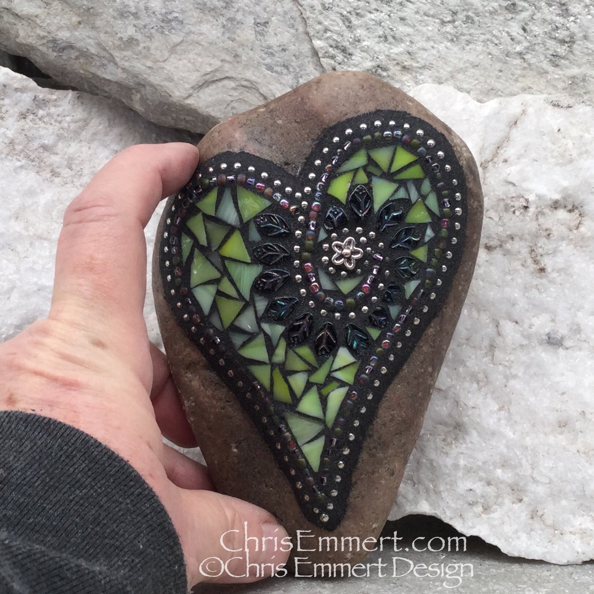 Lime Green Leaf Heart, Garden Stone, Mosaic, Garden Decor