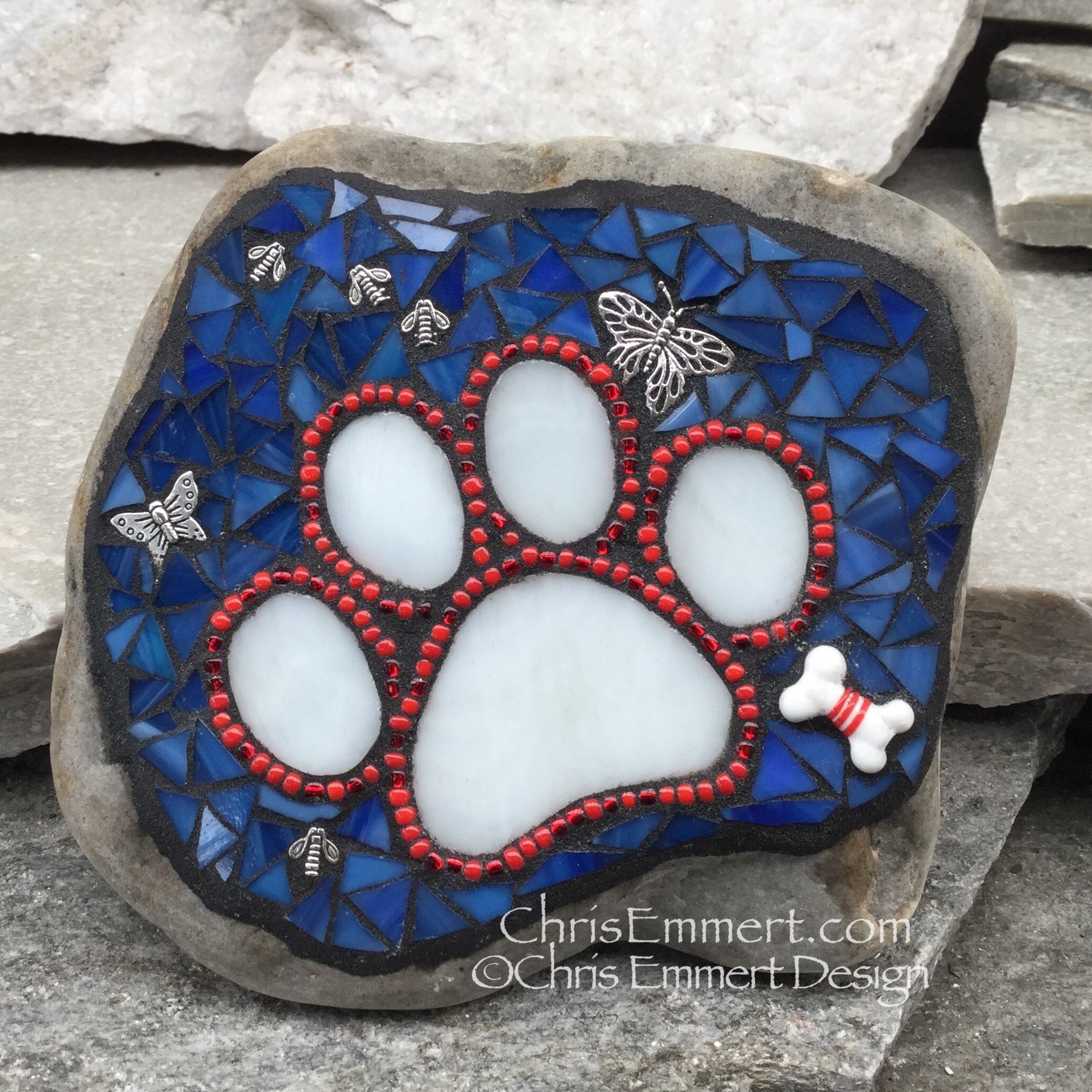 Patriotic Red, White and Blue, Black Paw Print - Garden Stone, Pet Memorial, Garden Decor'