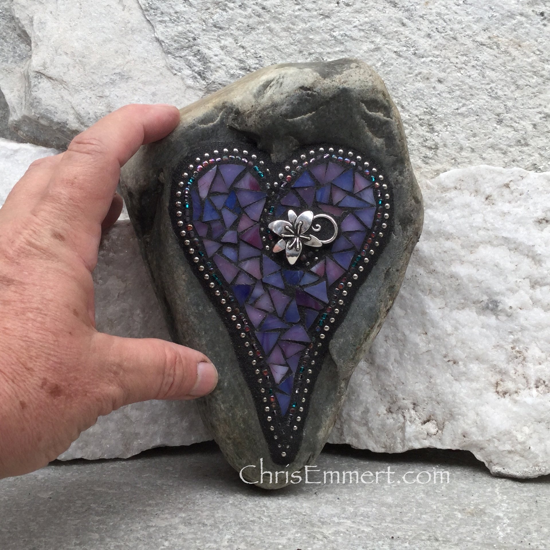 Purple Mosaic Heart, Lily, Garden Stone,  Gardener Gift, Home Decor, Garden Decor,