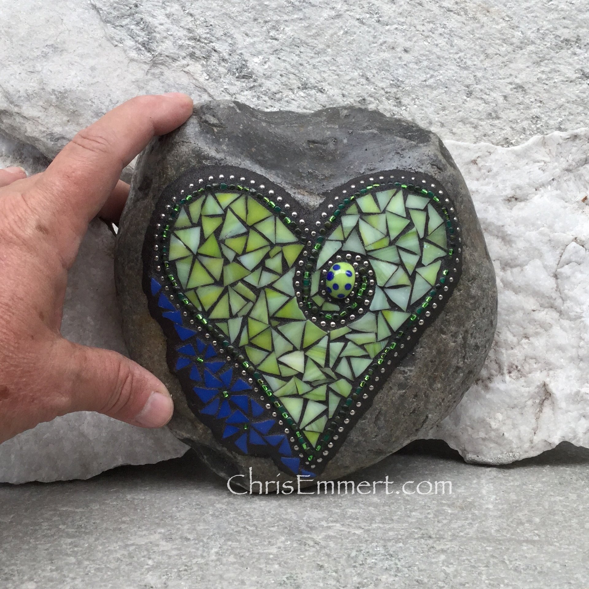 Light Lime Green Heart with Royal Blue Flowers, Garden Stone, Mosaic, Garden Decor