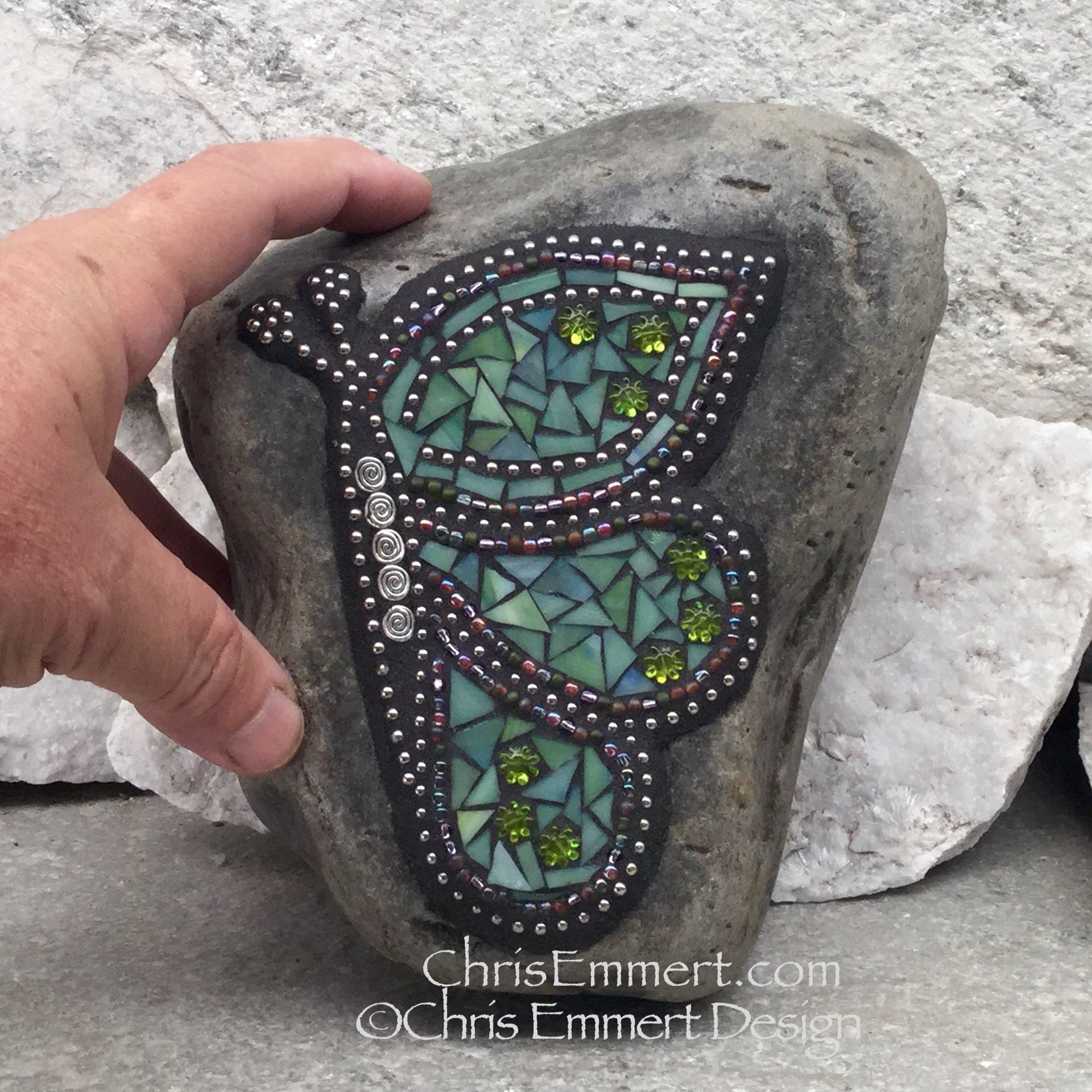 Side View Teal Green Butterfly with Iridescent Beads, Mosaic Garden Stone