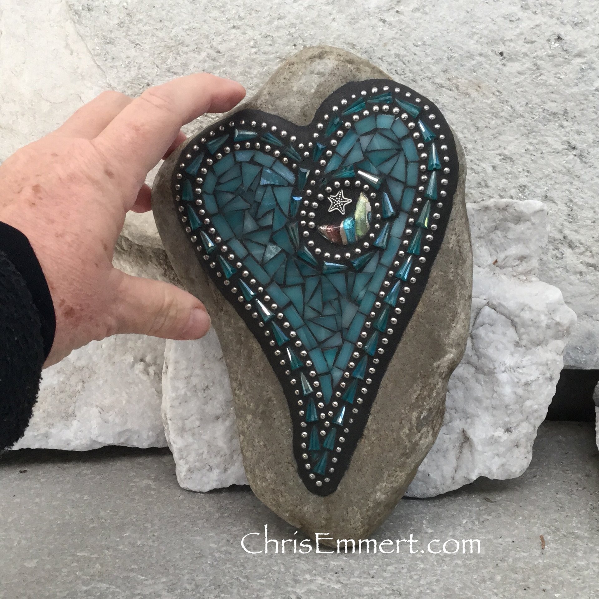 Teal Blue Mosaic Heart, Mosaic Rock, Mosaic Garden Stone, Moon and Star