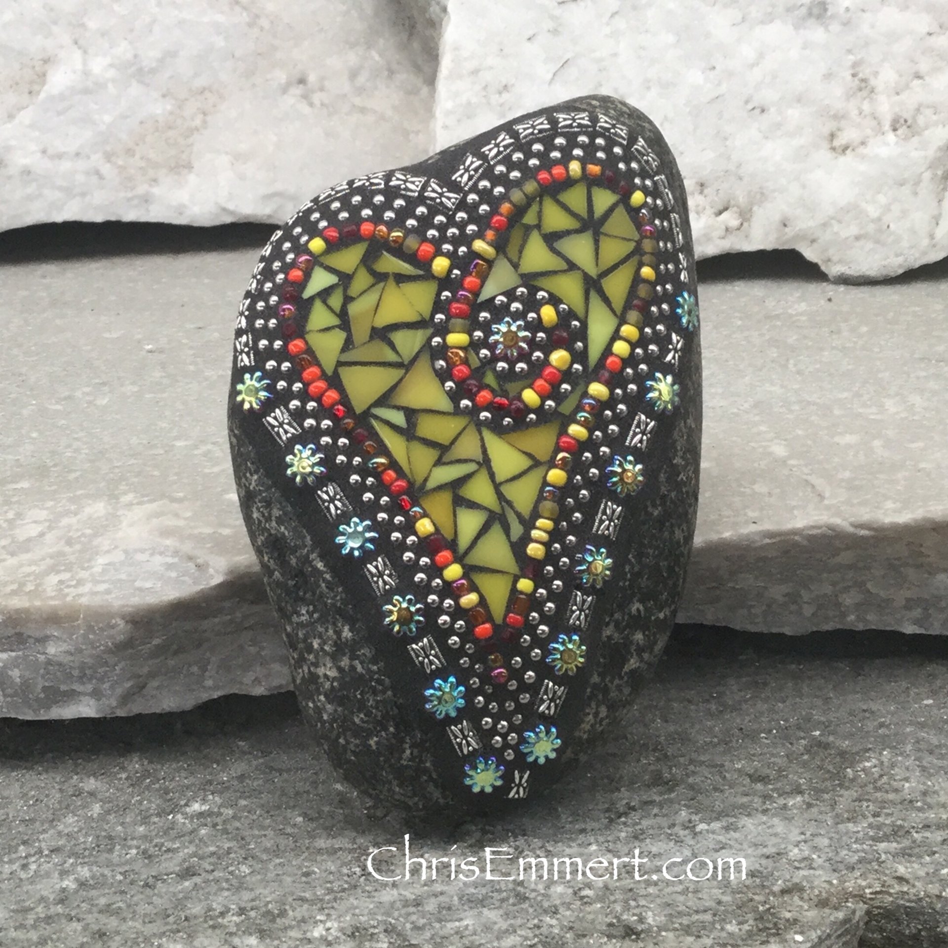 Yellow Mosaic Heart, Mosaic Rock, Mosaic Garden Stone, Home Decor, Gardening, Gardening Gift,