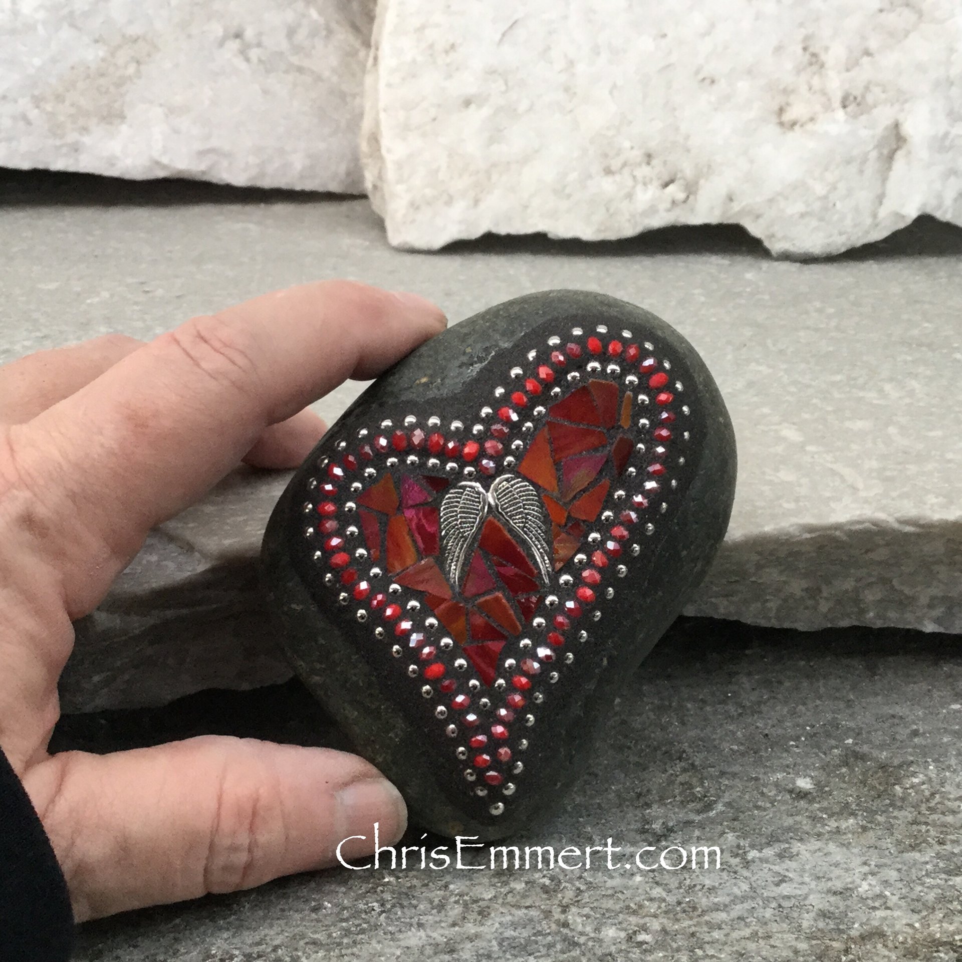 Red Valentine Heart, Angel Wings, Mosaic Paperweight / Garden Stone