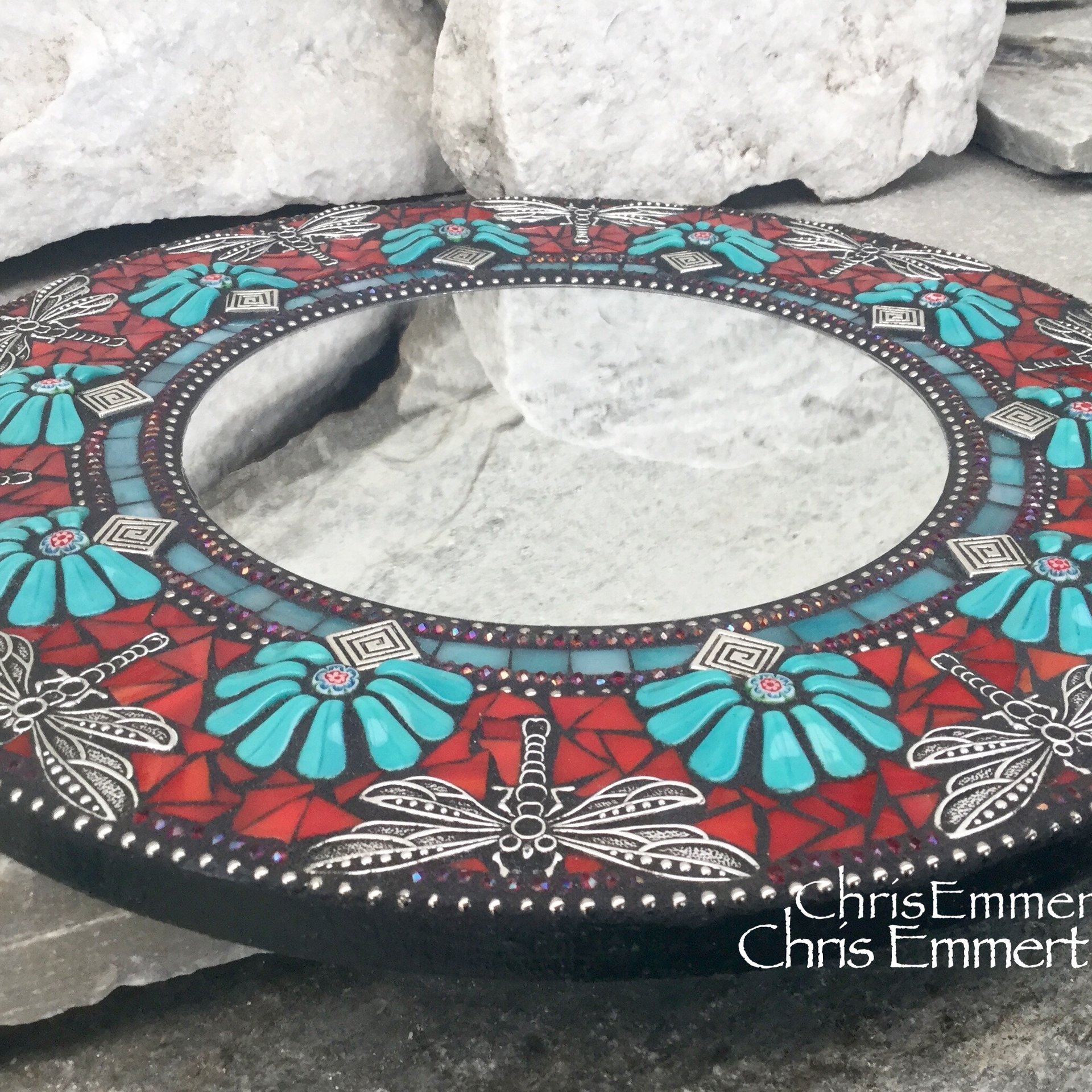 Teal and Red Dragonfly Mosaic Mirror, Round Mosaic Mirror, Home Decor