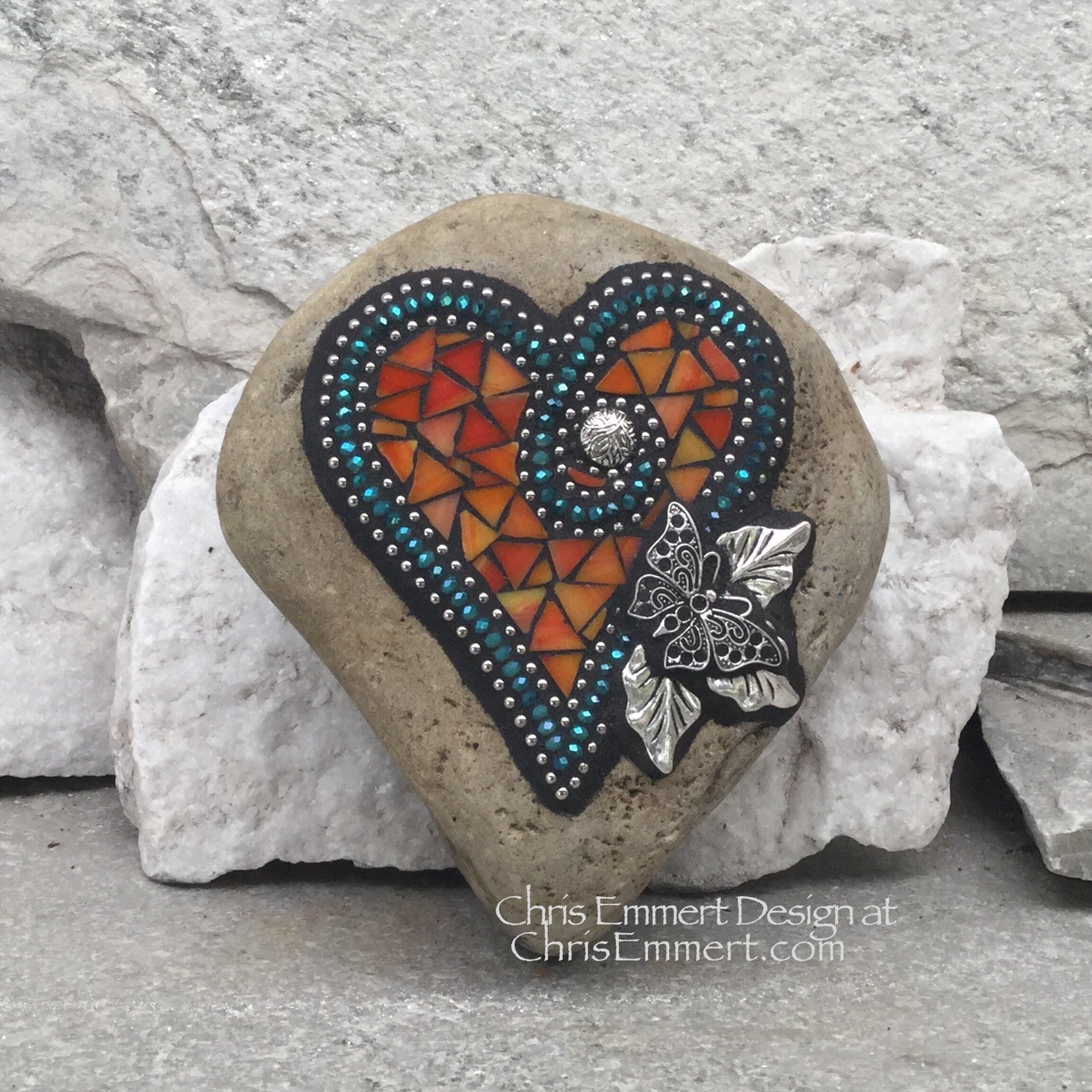 Orange Butterfly Heart, Mosaic Paperweight / Garden Stone