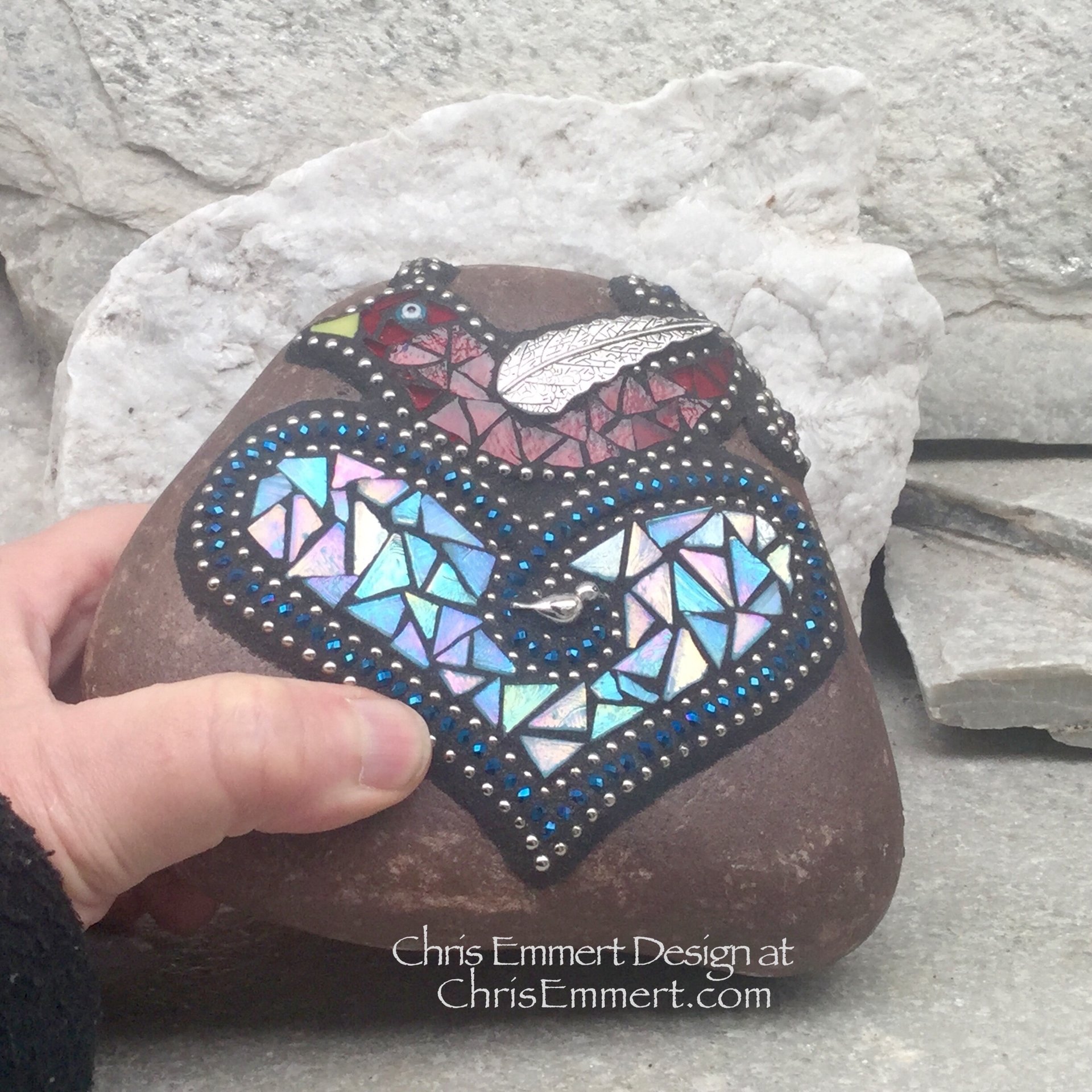 RedBird on a Blue Heart Mosaic -Garden Stone