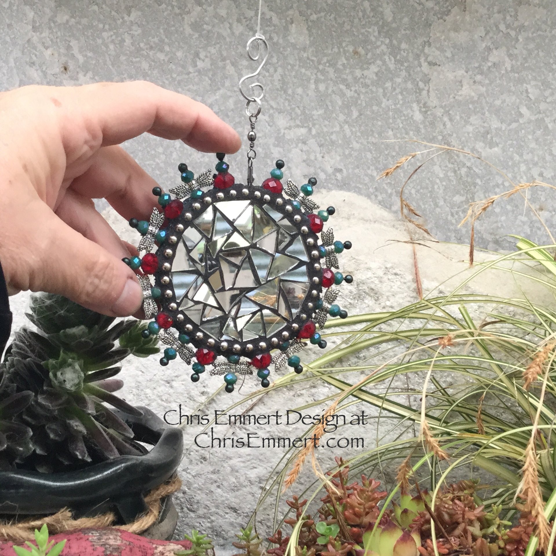 Pewter Birds Mosaic Garden Spinner, Teal /Red Rays, Home Decor, Garden Decor, Gardening Gift,