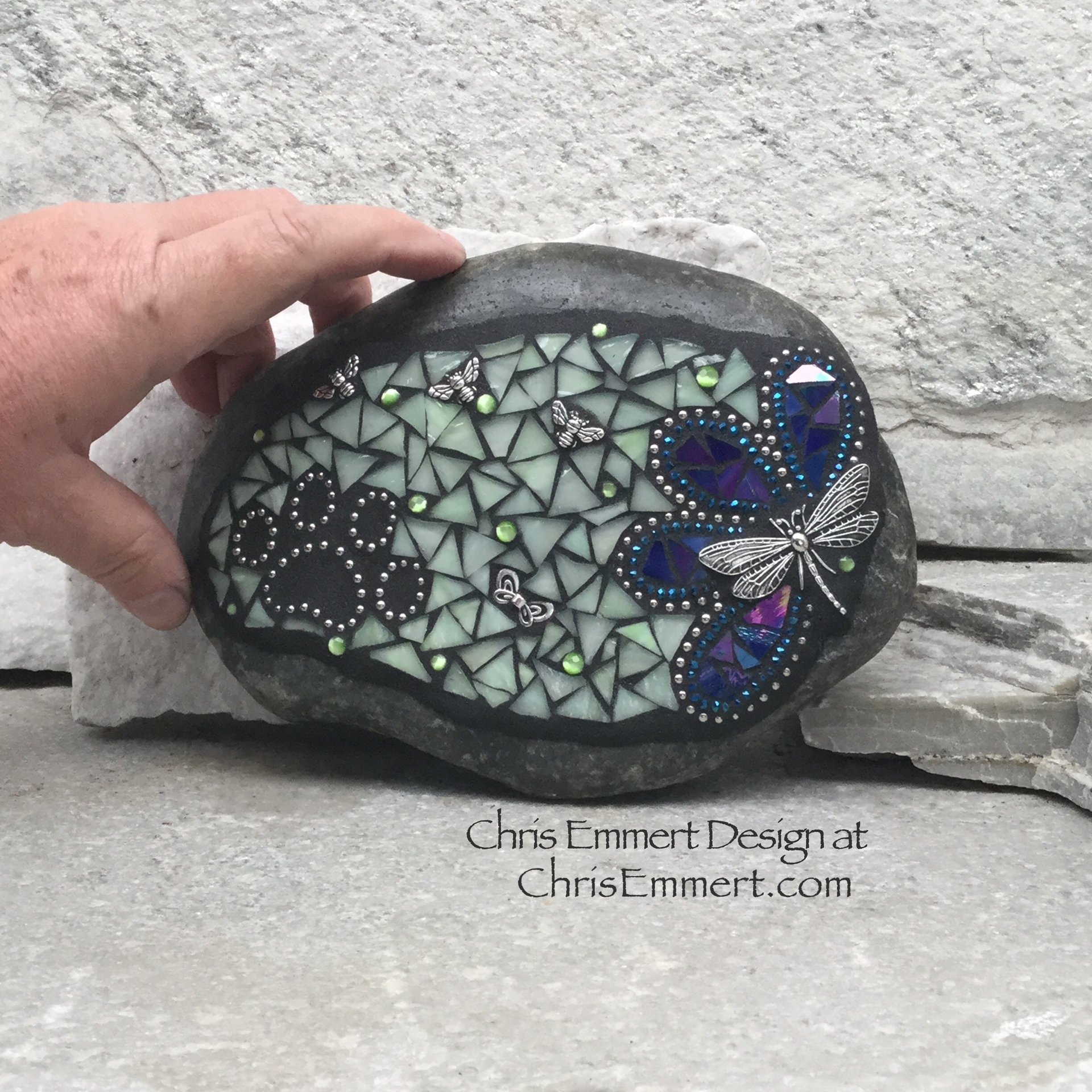 Blue Flower w/Pale Green, Black Paw Print - Garden Stone, Pet Memorial, Garden Decor'