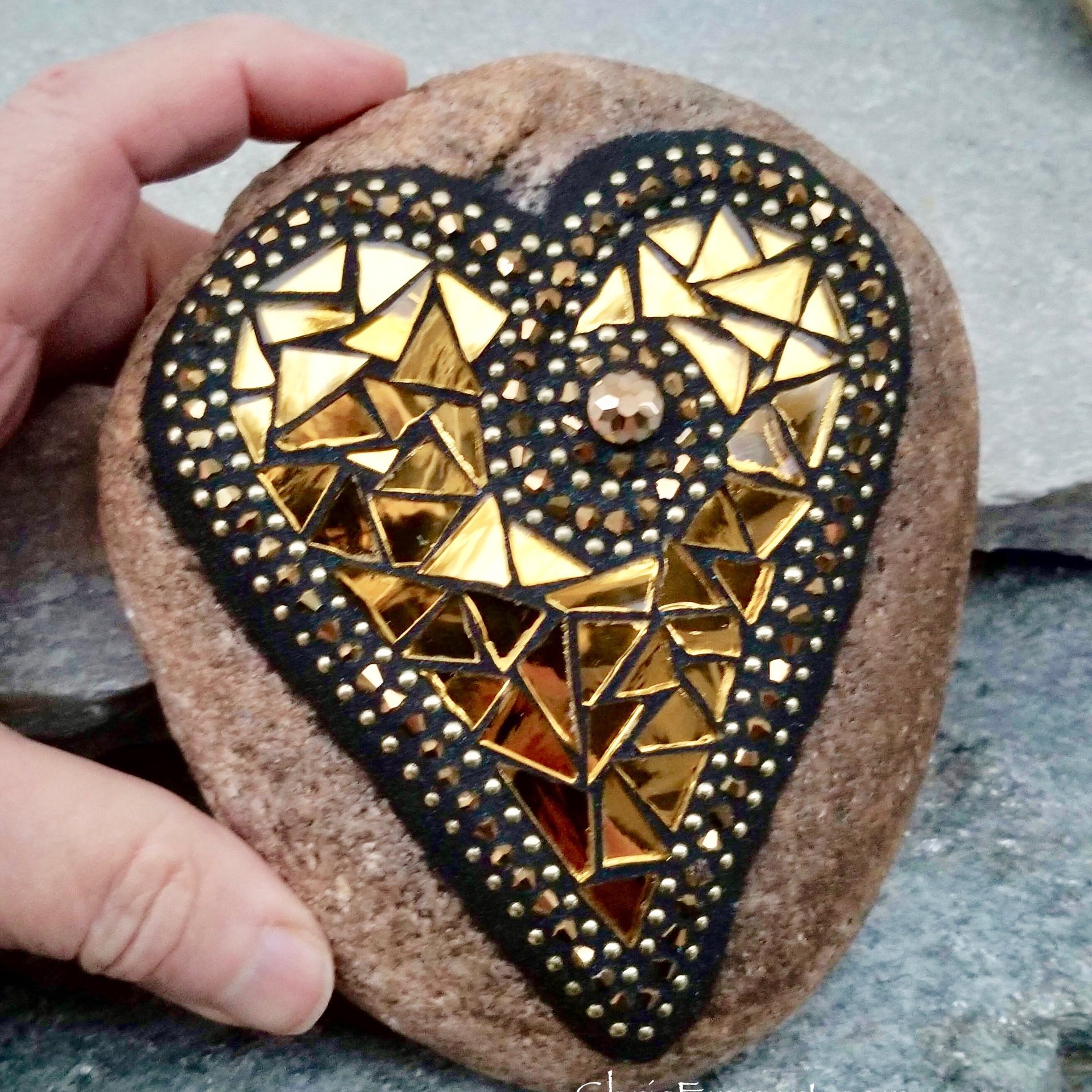 Gold Mirror Heart (2), Mosaic Paperweight / Garden Stone