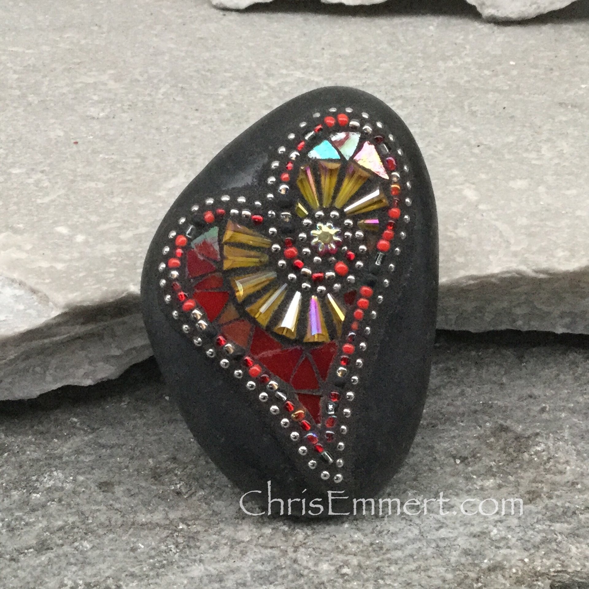 Red and Yellow Mosaic Heart, Mosaic Rock, Mosaic Garden Stone, Paperweight