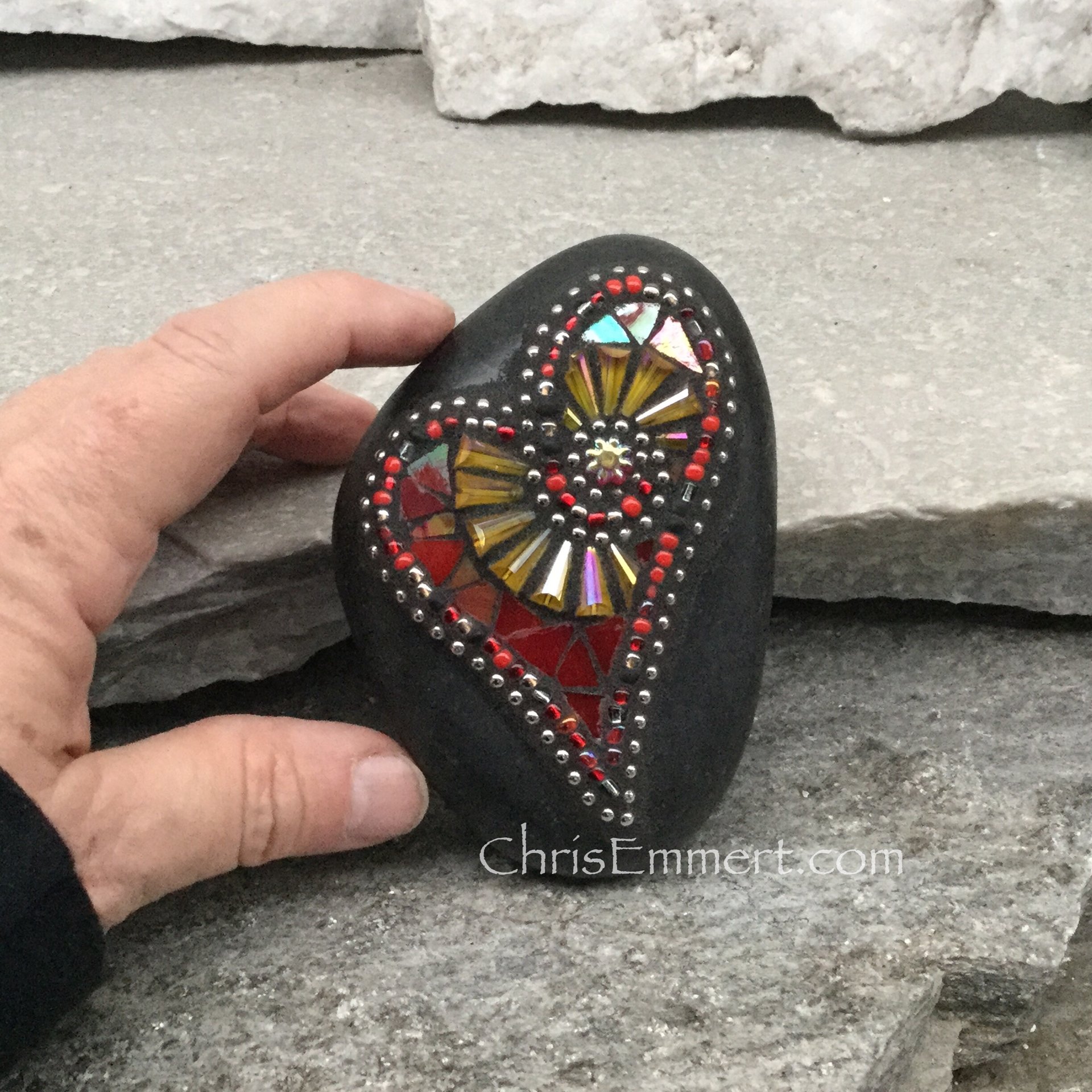Red and Yellow Mosaic Heart, Mosaic Rock, Mosaic Garden Stone, Paperweight
