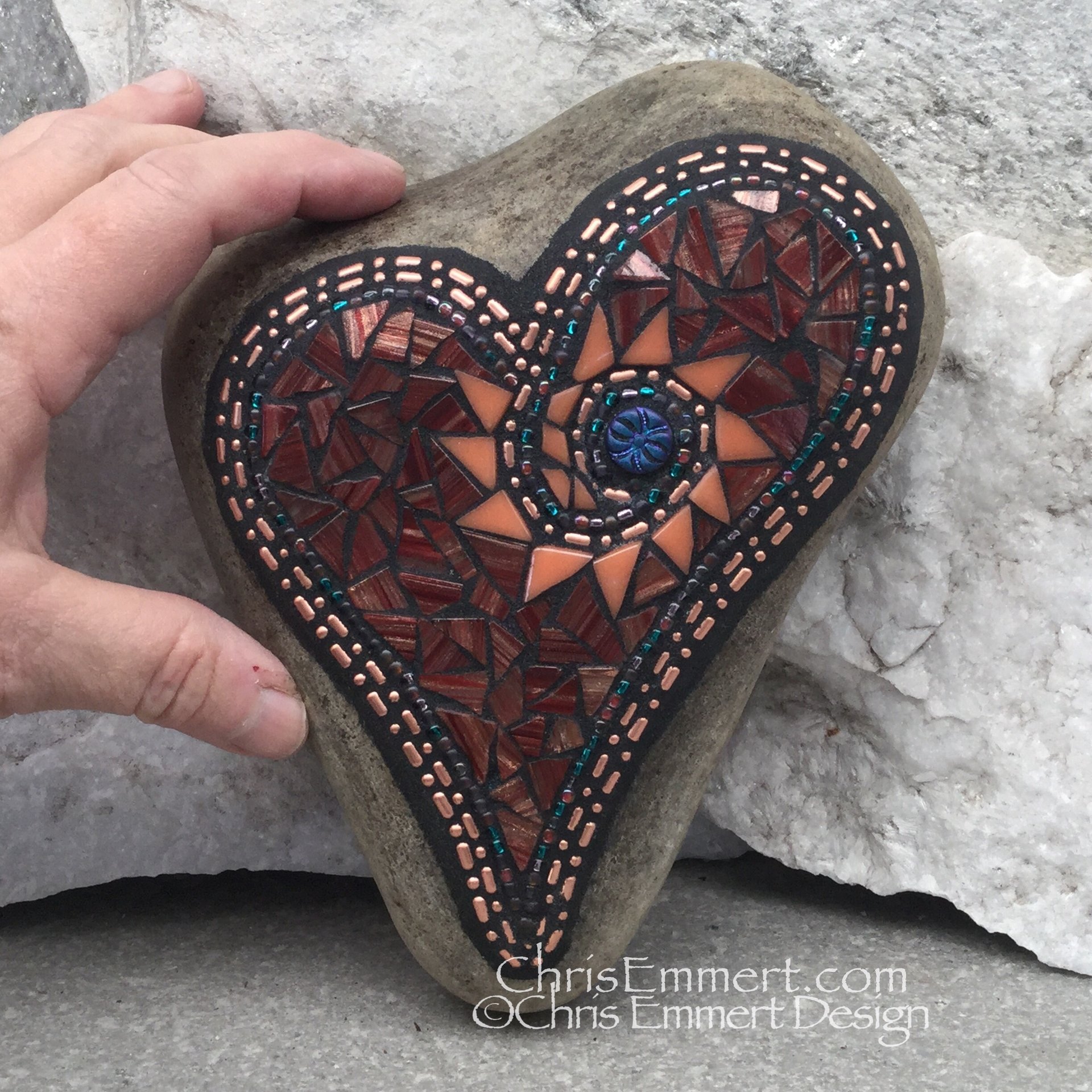 Iridescent Brown Heart w/ Sun Burst  Mosaic -Garden Stone