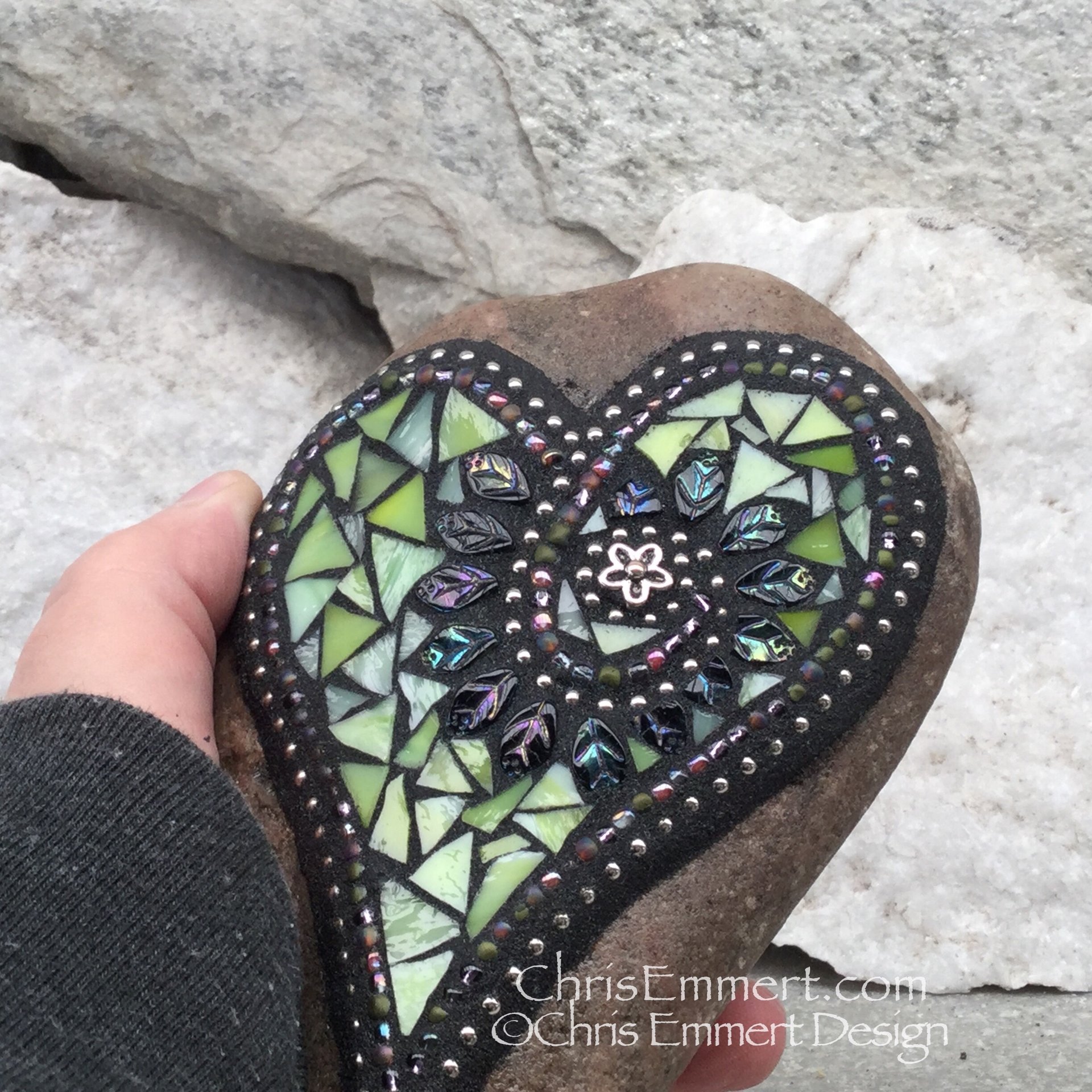 Lime Green Leaf Heart, Garden Stone, Mosaic, Garden Decor