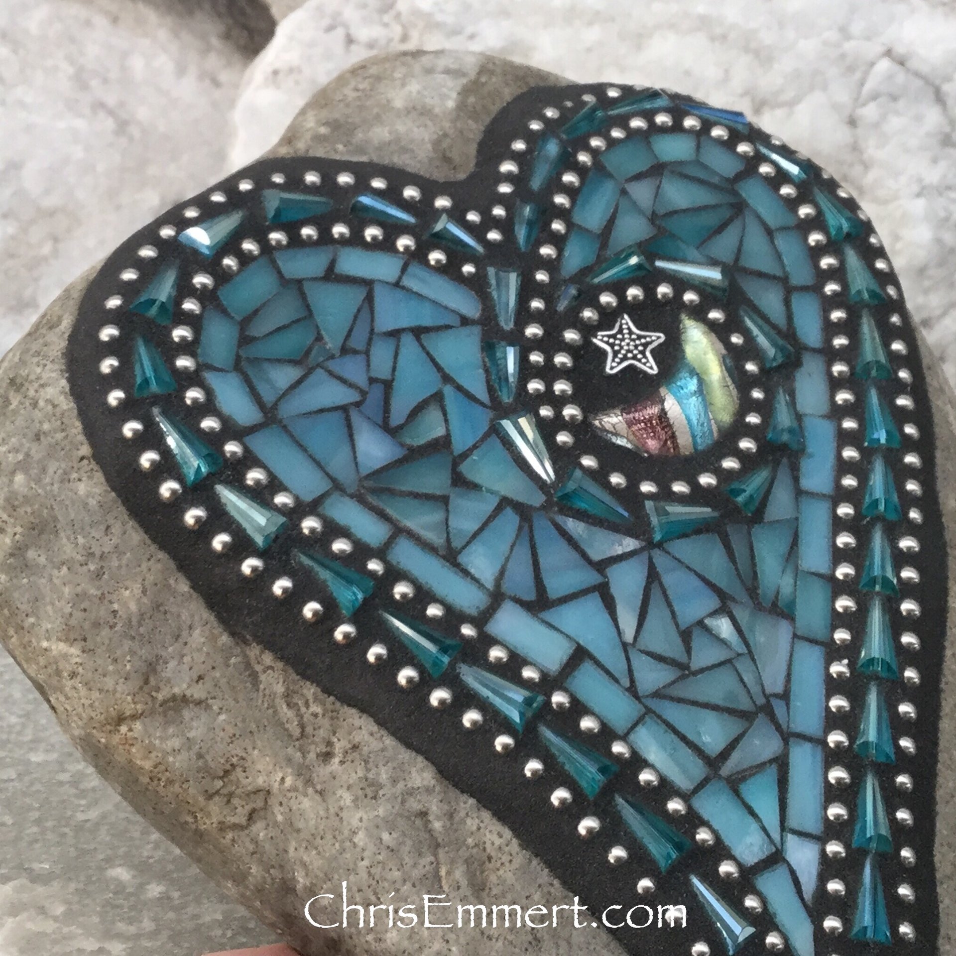 Teal Blue Mosaic Heart, Mosaic Rock, Mosaic Garden Stone, Moon and Star