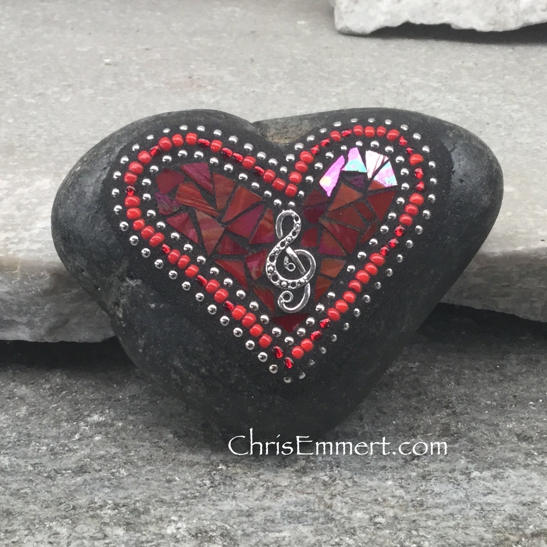 Red Valentine Heart, Music, G -clef, Mosaic Paperweight / Garden Stone