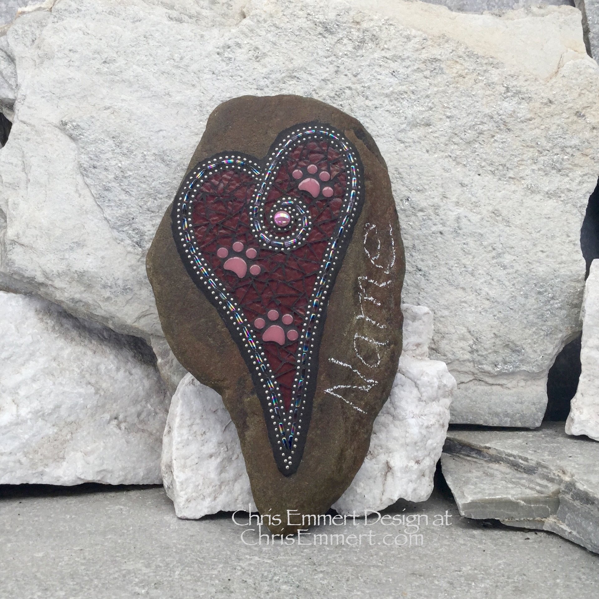 Large Iridescent Purple Mosaic Heart, Paw prints, Mosaic Garden Stone, Pet Memorial