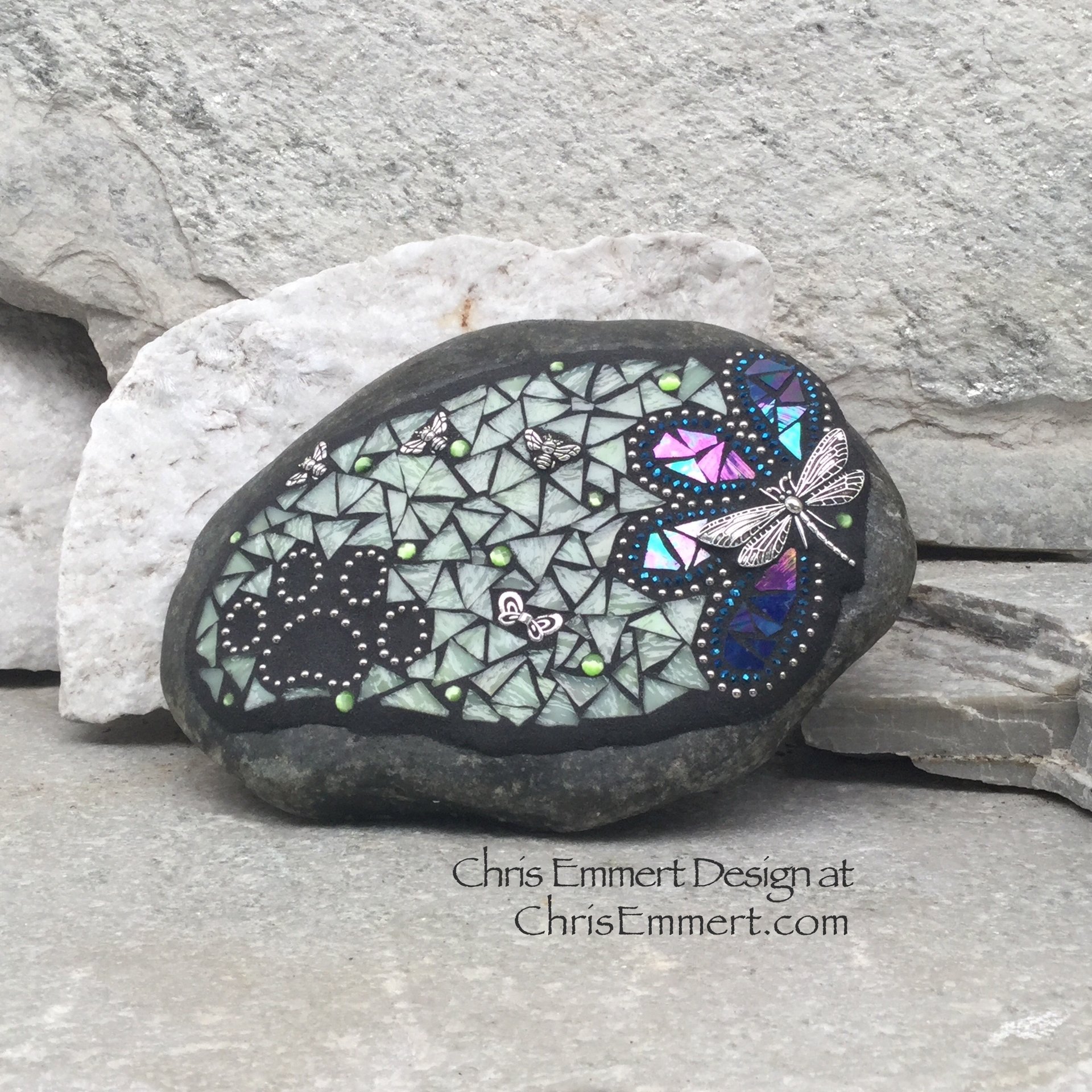 Blue Flower w/Pale Green, Black Paw Print - Garden Stone, Pet Memorial, Garden Decor'