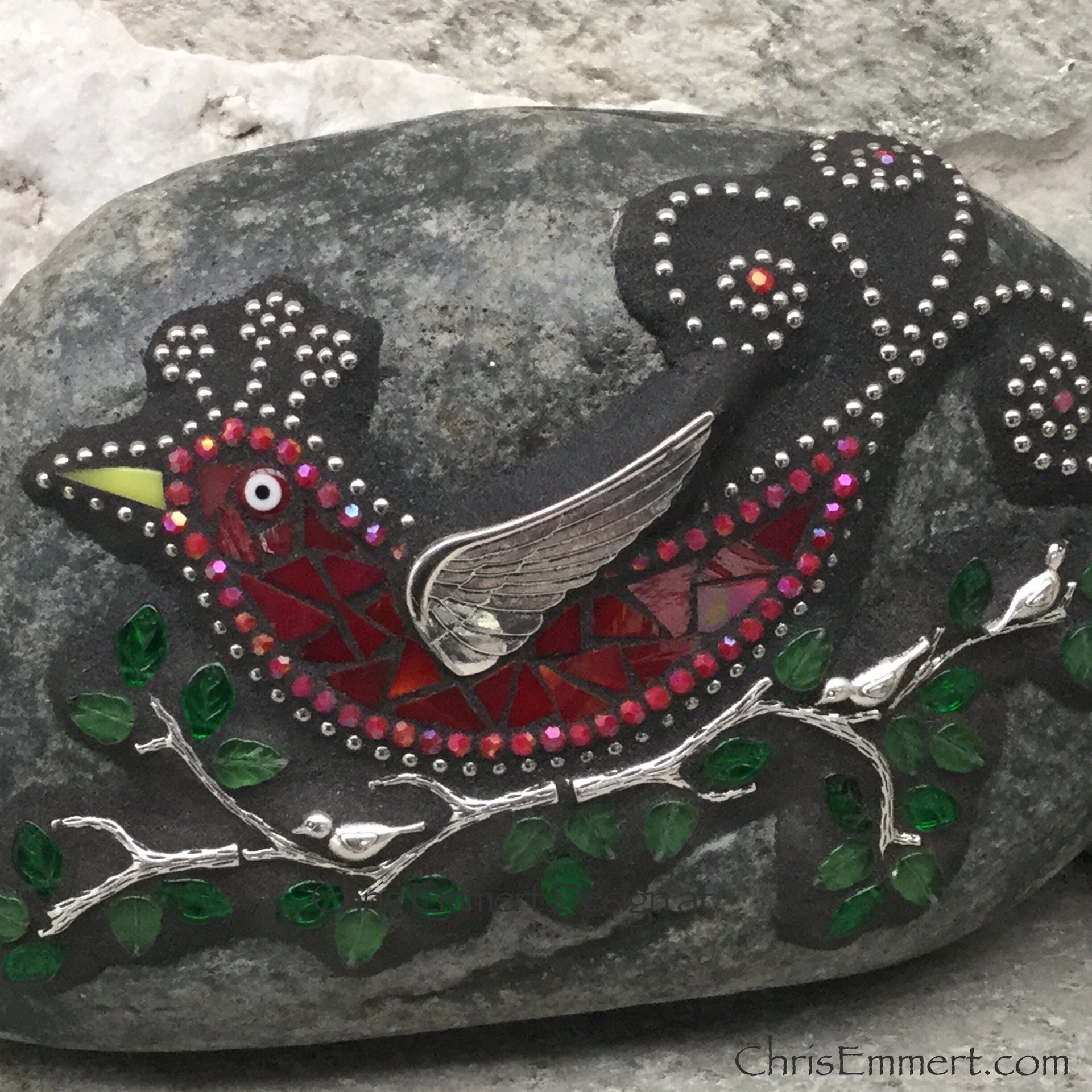 Red Bird on a Branch Mosaic-Garden Stone