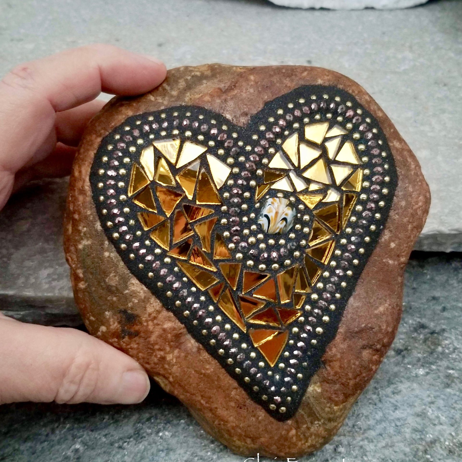 Gold Mirror Heart (1), Mosaic Paperweight / Garden Stone