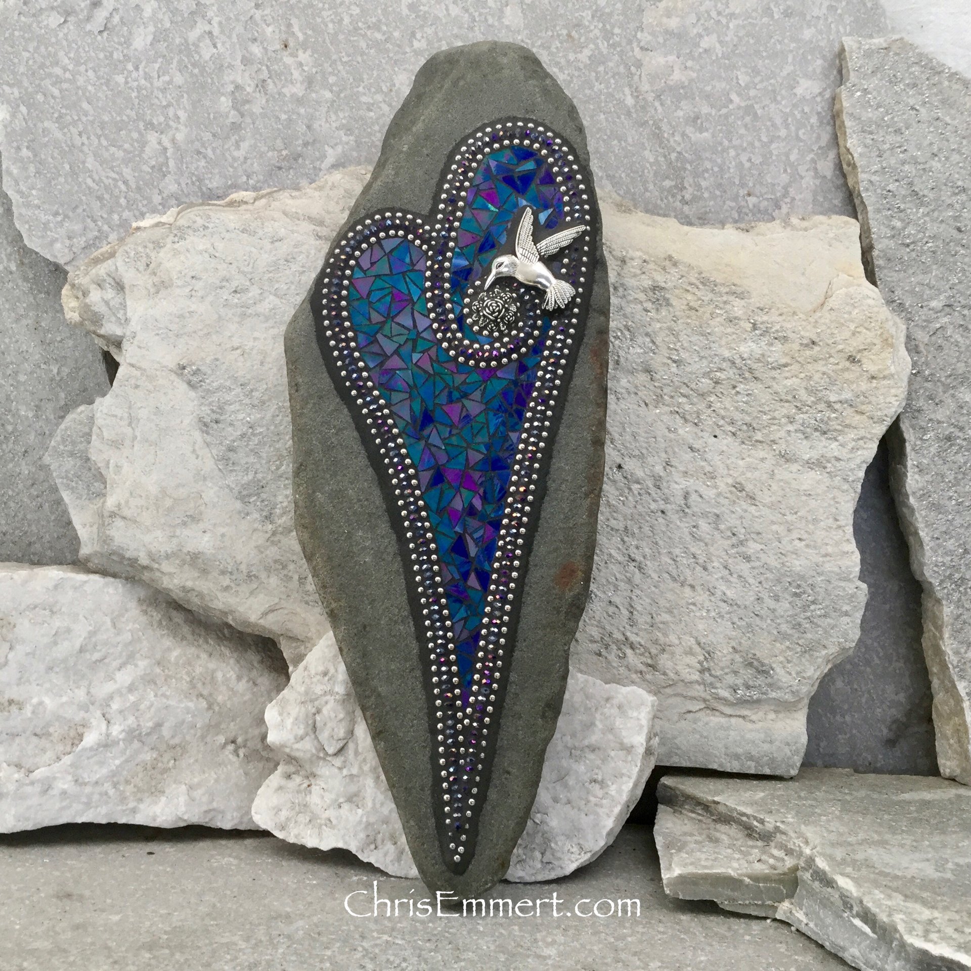 Large Iridescent Blue Heart with Hummingbird,  Garden Stone, Mosaic, Garden Decor