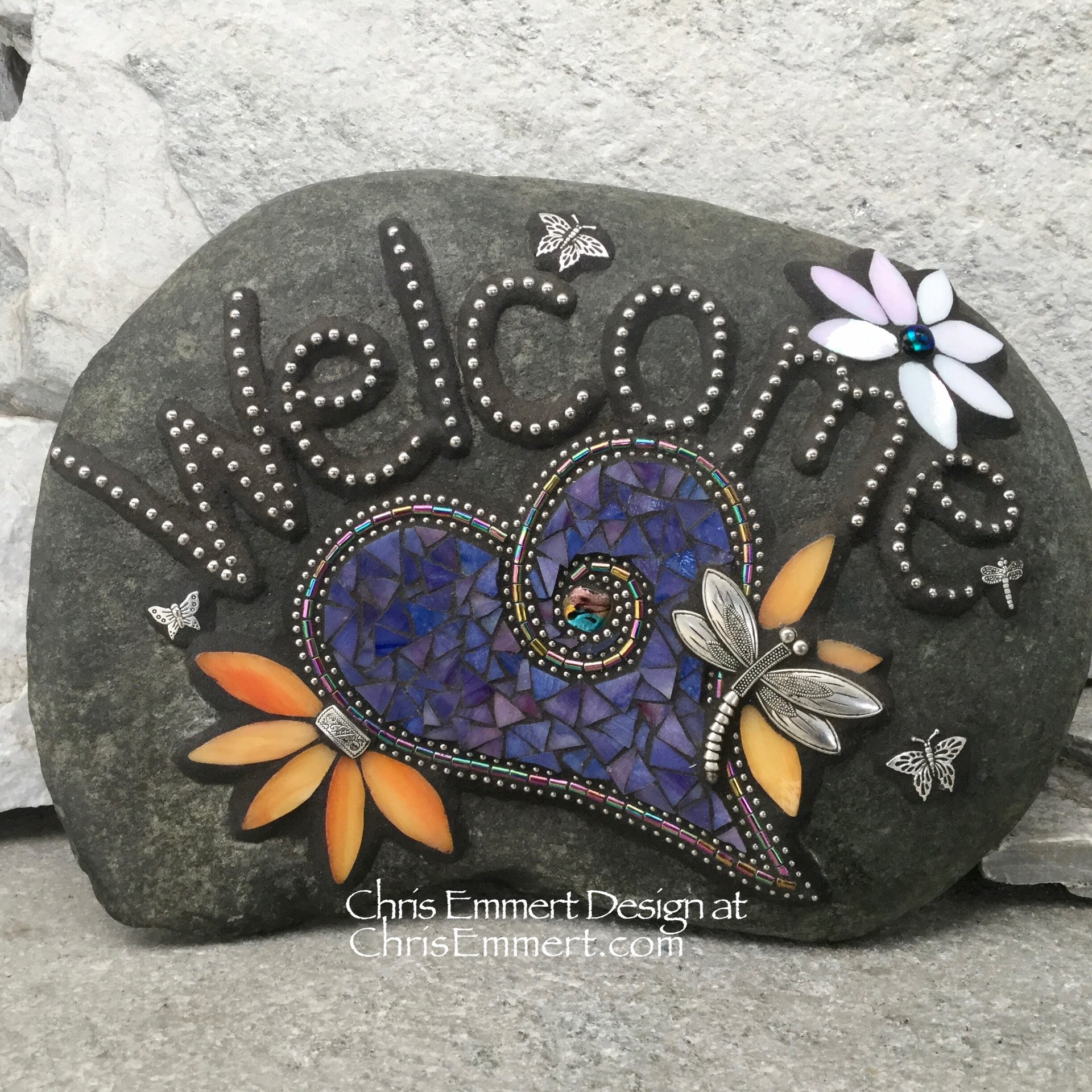 Large Welcome Purple Heart Stone with Dragonfly, Porch Decor, Garden Stone, Mosaic, Garden Decor