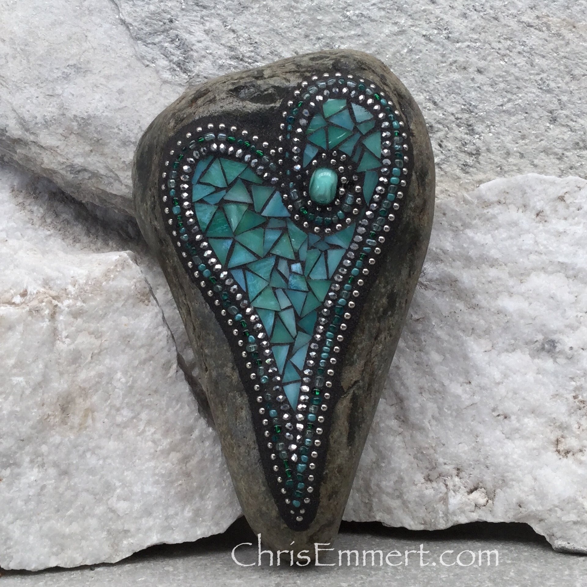 Teal Green Heart, Garden Stone, Mosaic, Garden Decor