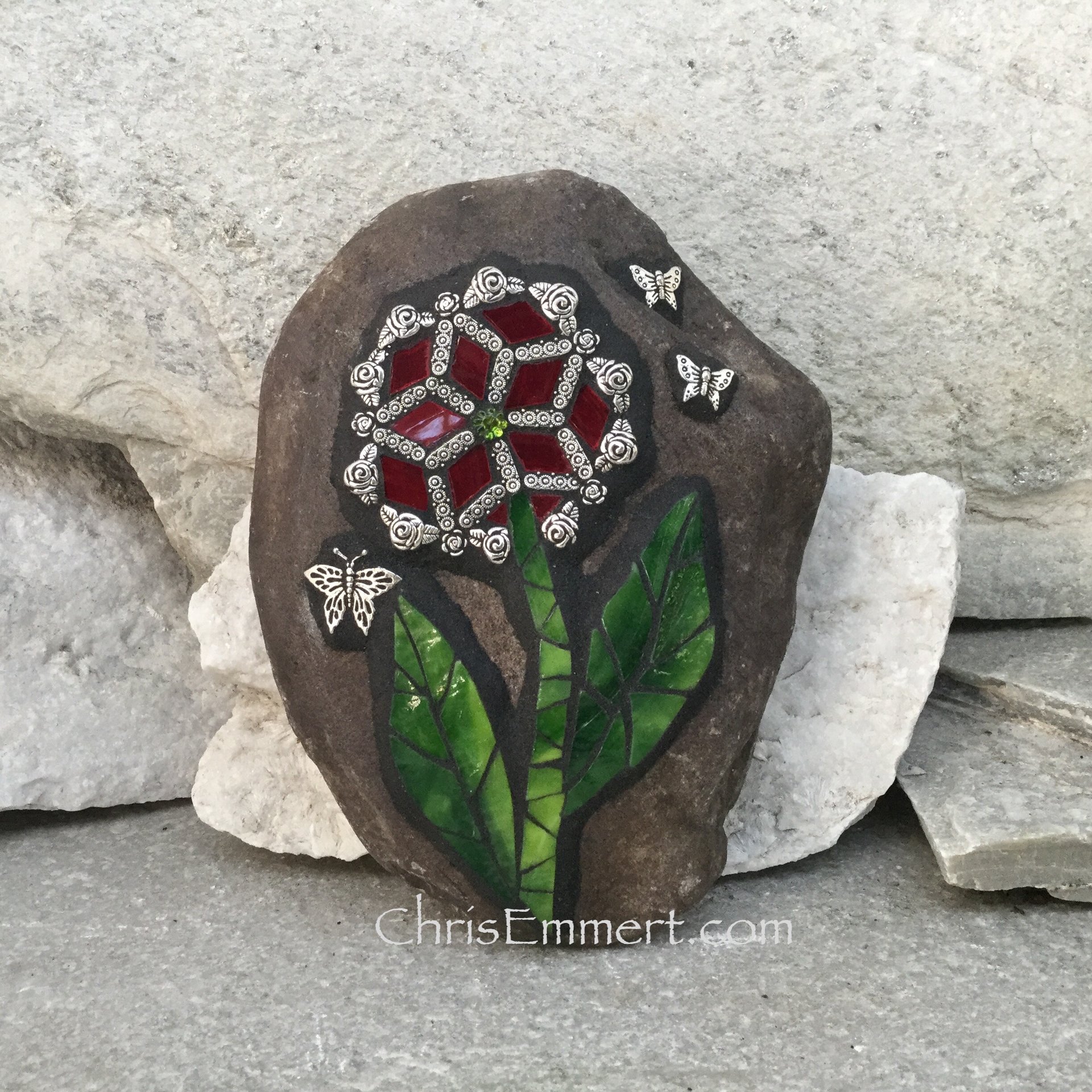 Red Mirror Mosaic Flower, Garden Stone, Garden Decor, Home Decor, Gardener Gift