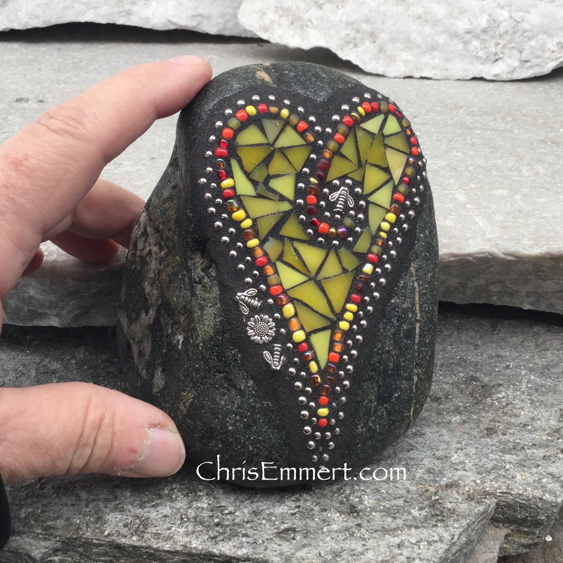 Yellow Mosaic Heart, Mosaic Rock, Mosaic Garden Stone, Home Decor, Gardening, Gardening Gift,