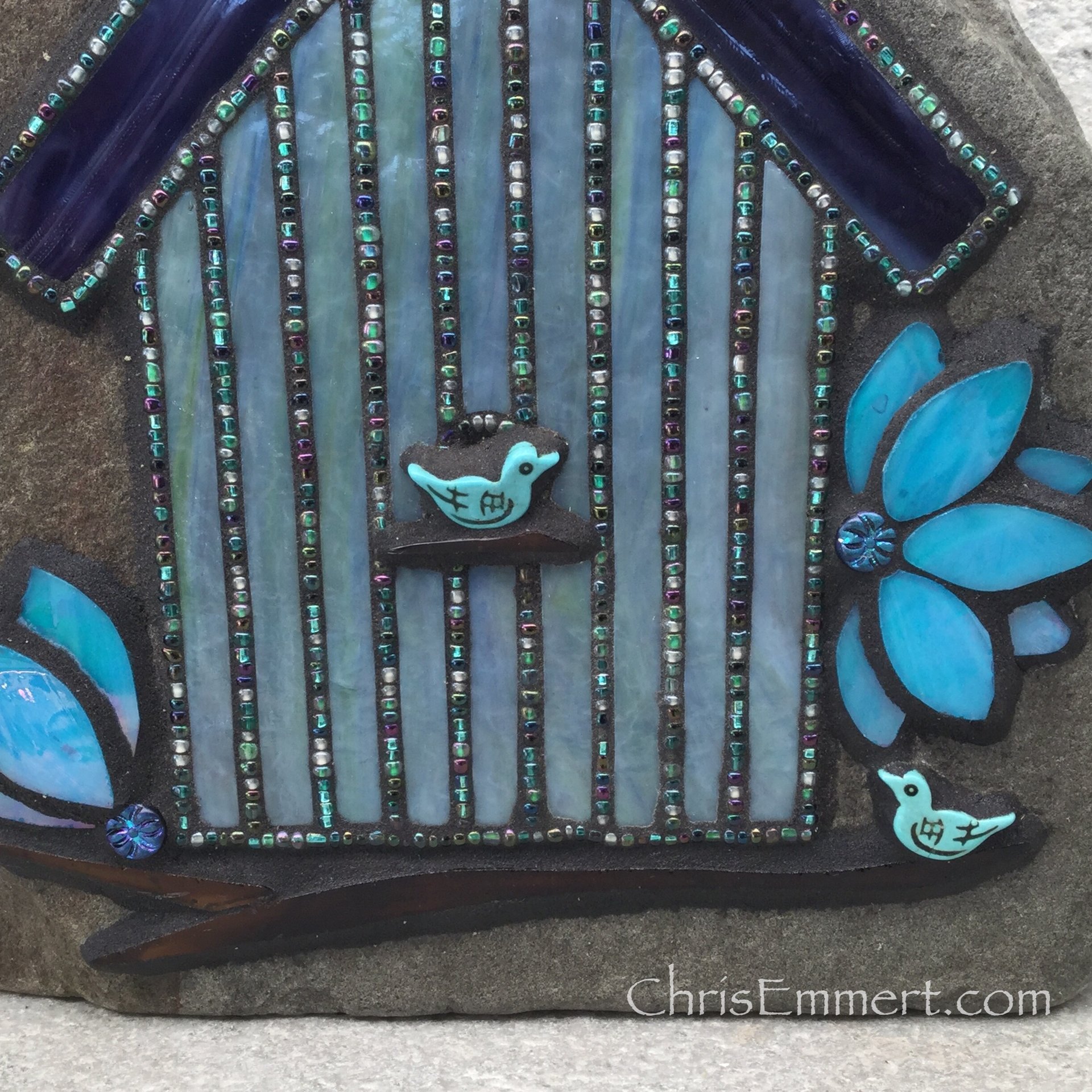 Large Iridescent Blue Mosaic Birdhouse, Mosaic Garden Stone, Gardner Gift, Garden Decor, Mosaic Rock