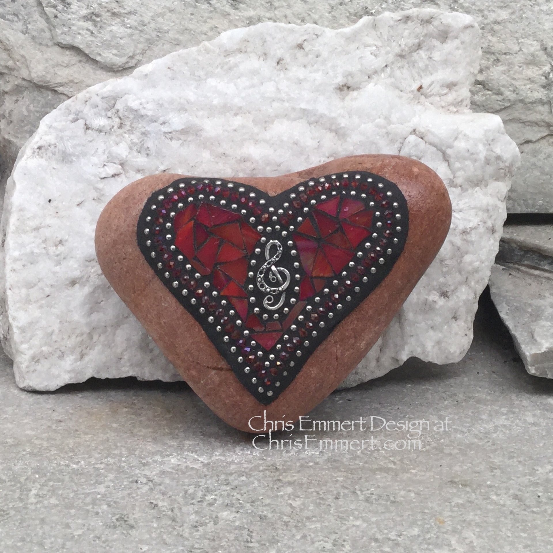 Iridescent Red Valentine Heart, Music, G -clef, Mosaic Paperweight / Garden Stone