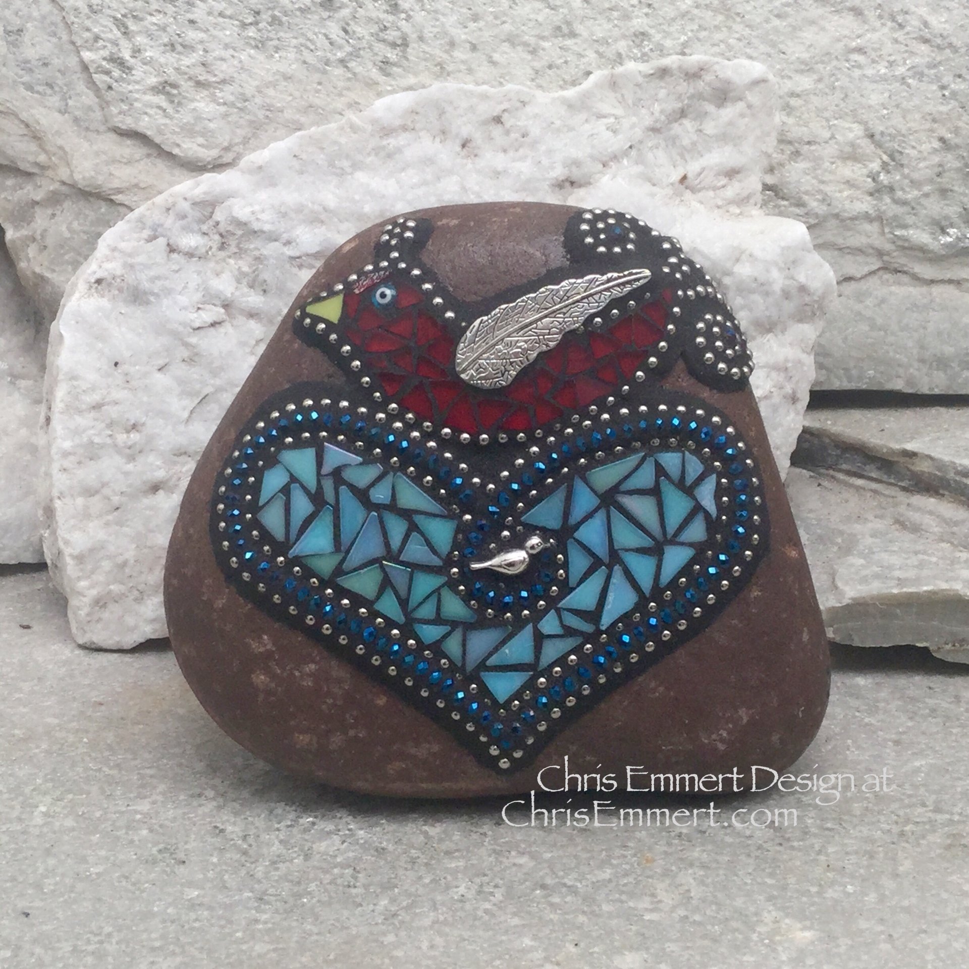 RedBird on a Blue Heart Mosaic -Garden Stone