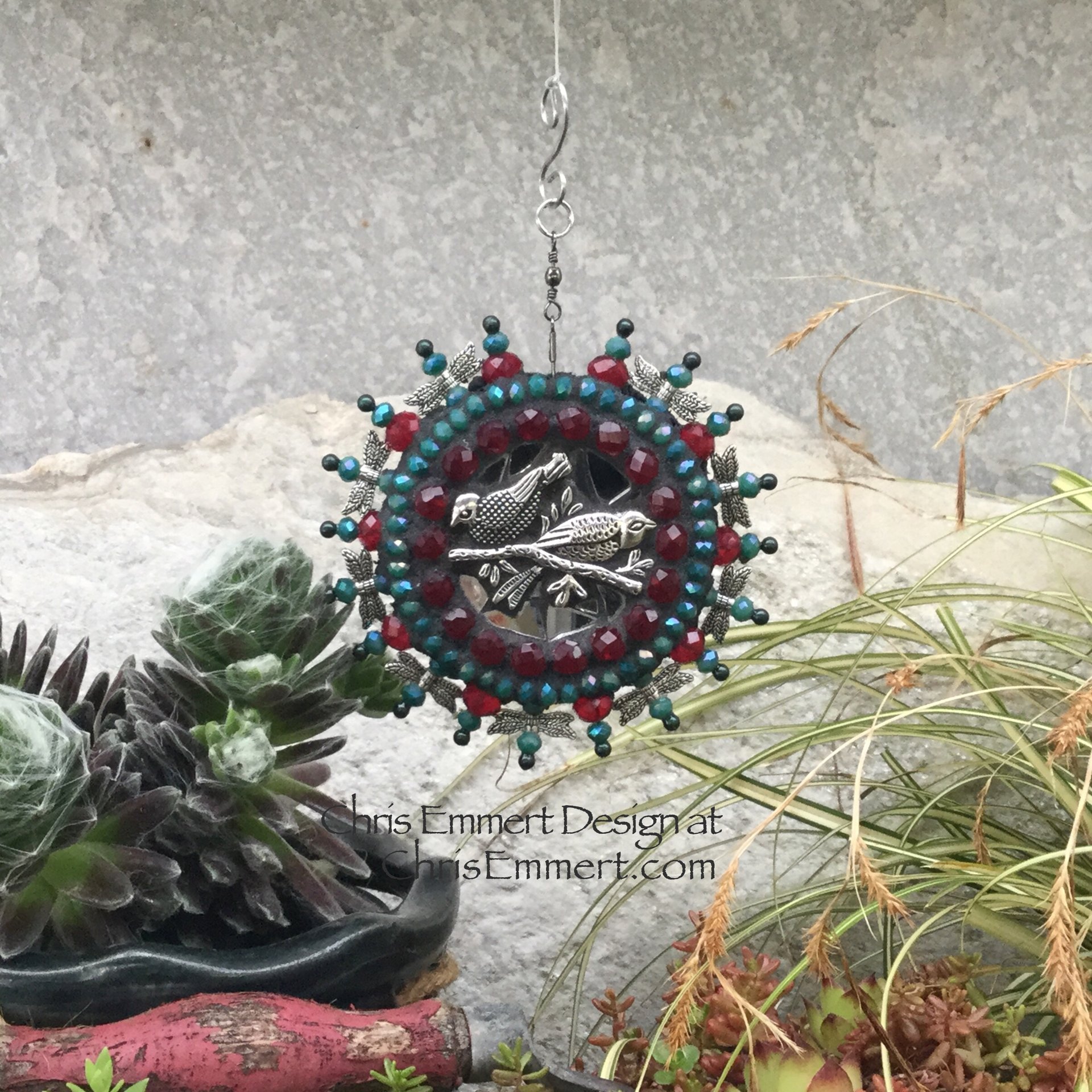 Pewter Birds Mosaic Garden Spinner, Teal /Red Rays, Home Decor, Garden Decor, Gardening Gift,