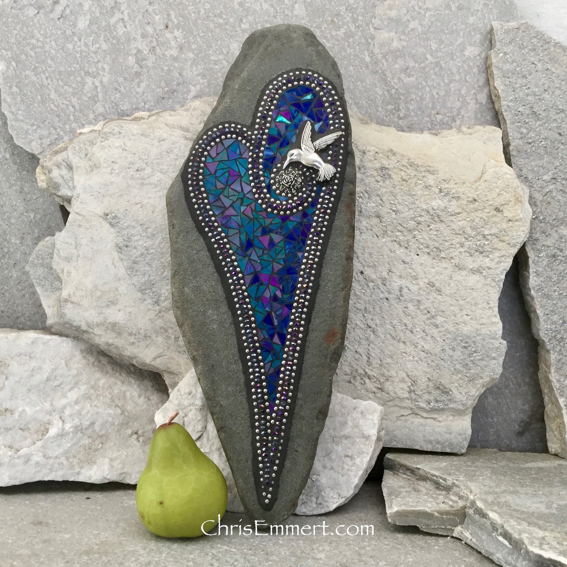 Large Iridescent Blue Heart with Hummingbird,  Garden Stone, Mosaic, Garden Decor