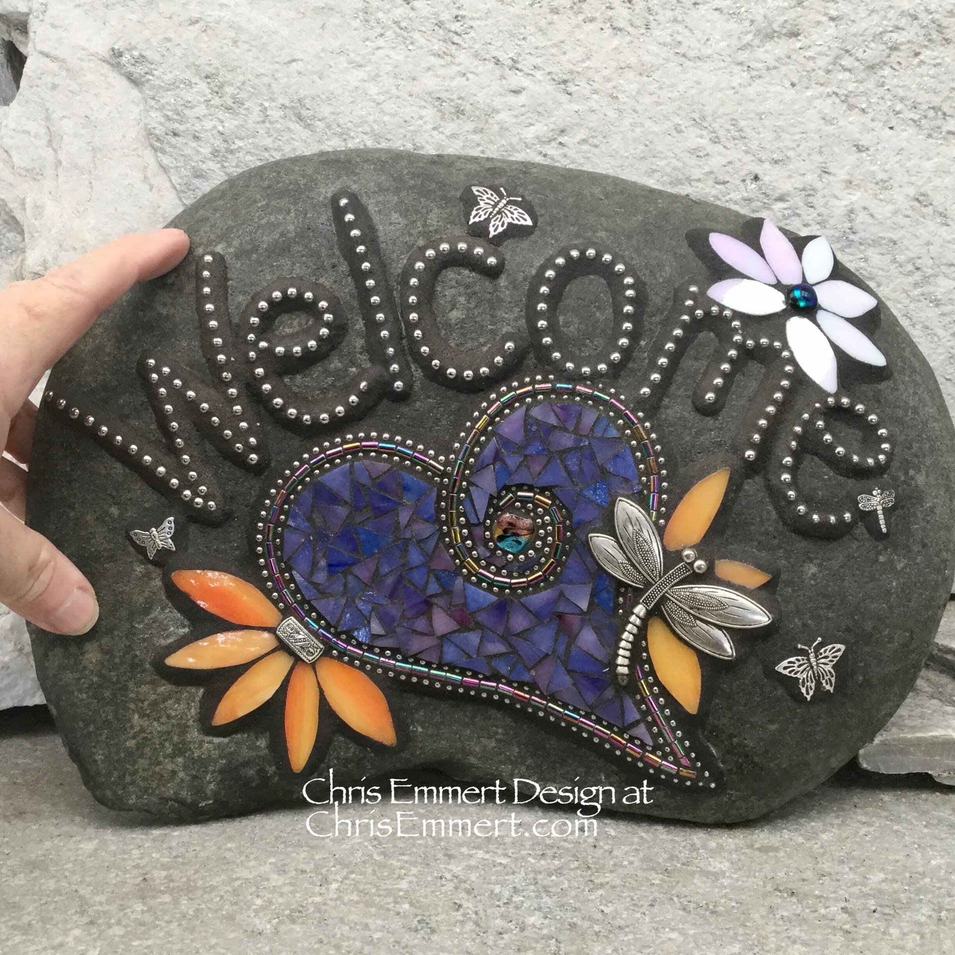 Large Welcome Purple Heart Stone with Dragonfly, Porch Decor, Garden Stone, Mosaic, Garden Decor